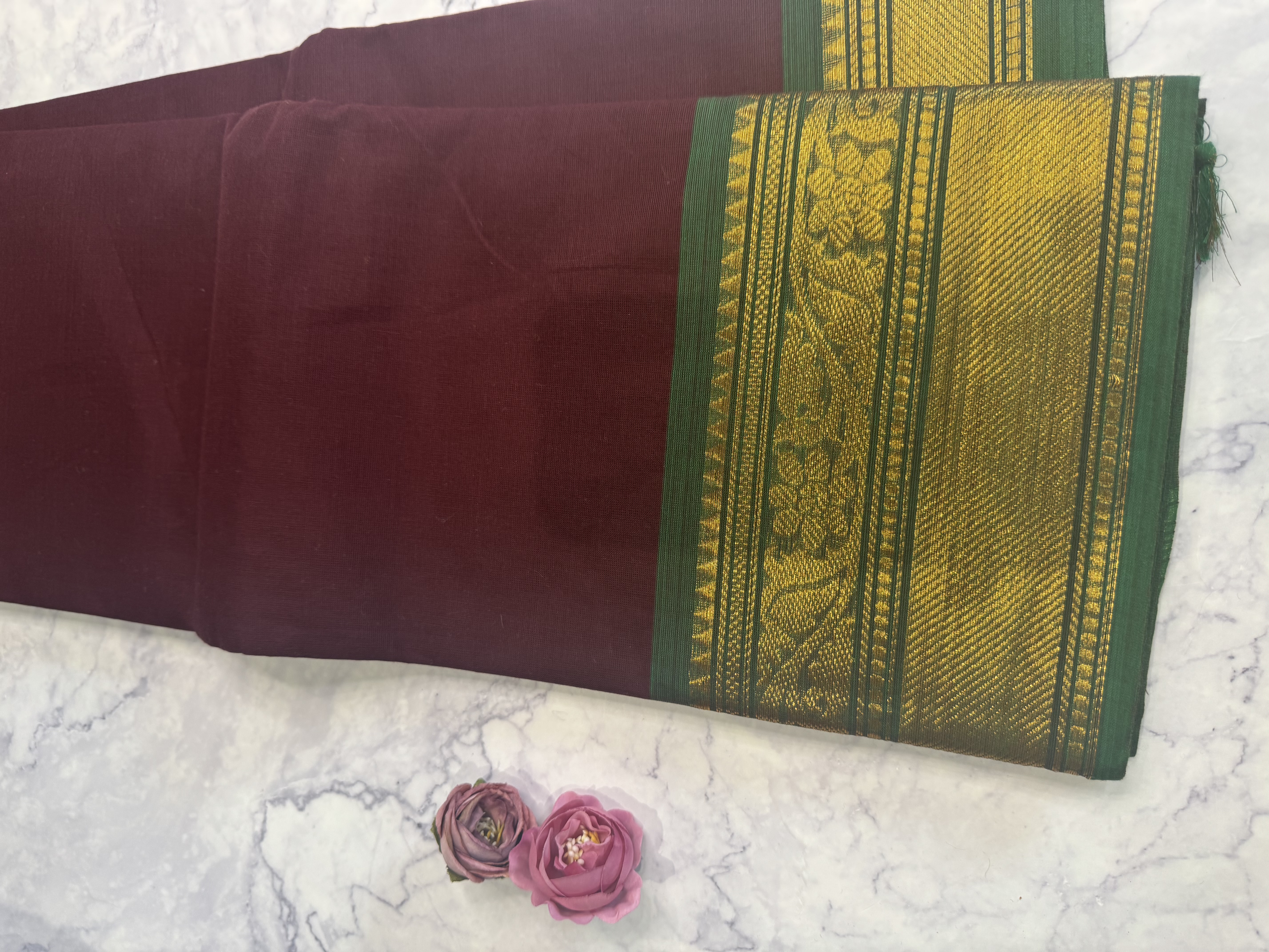 Maroon cotton saree with green border