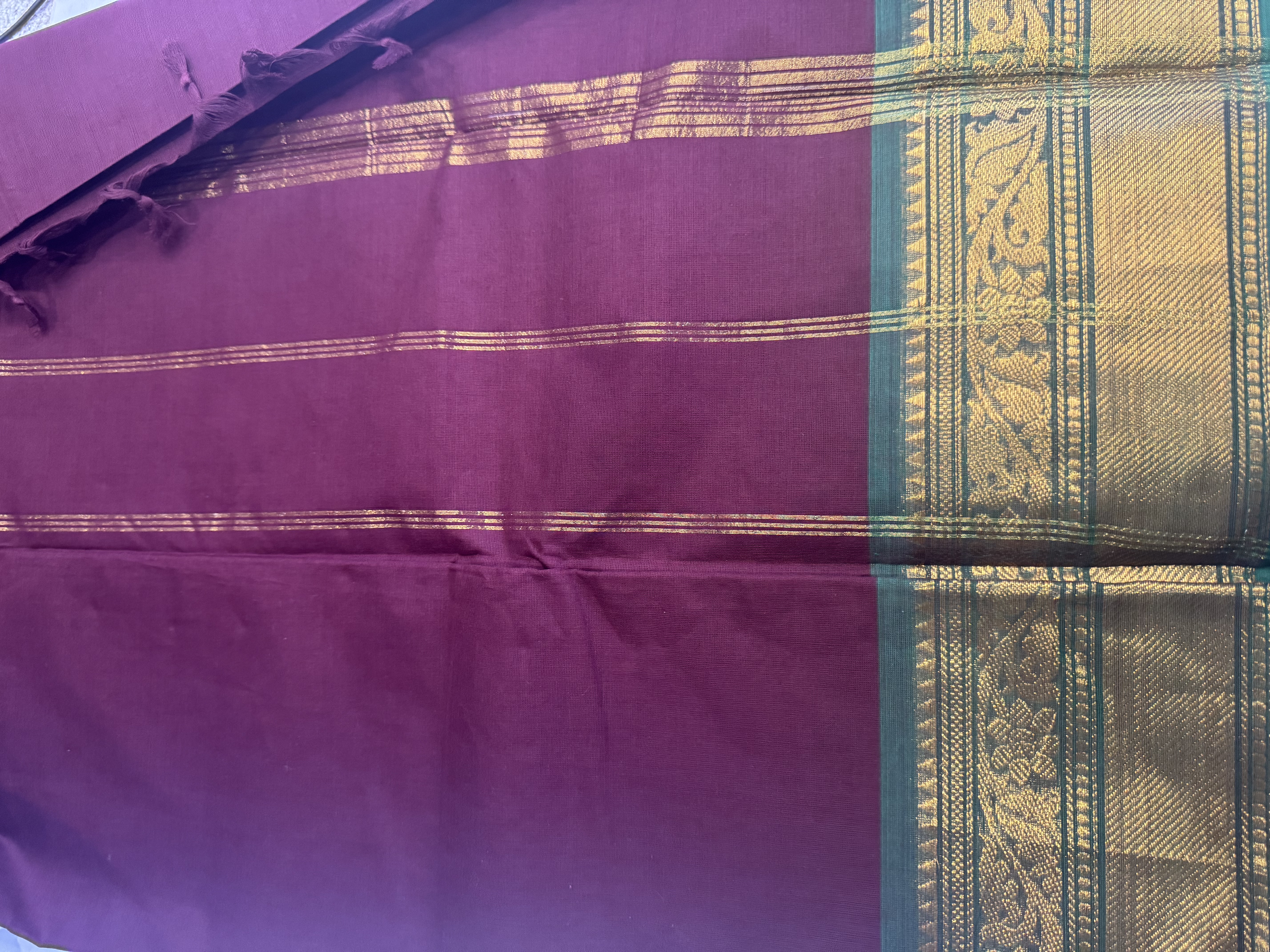 Maroon cotton saree with green border