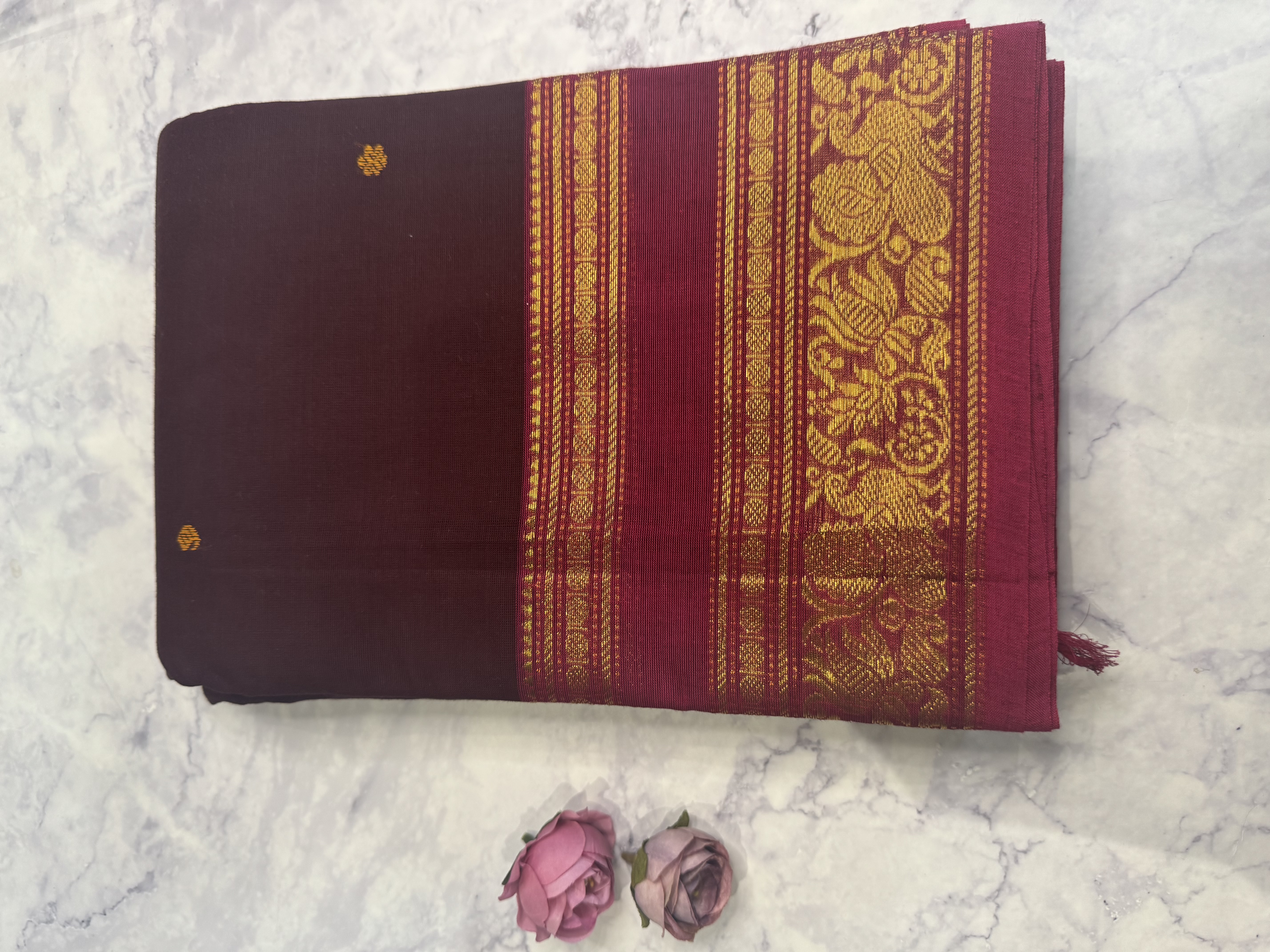 Brown cotton saree with pink border