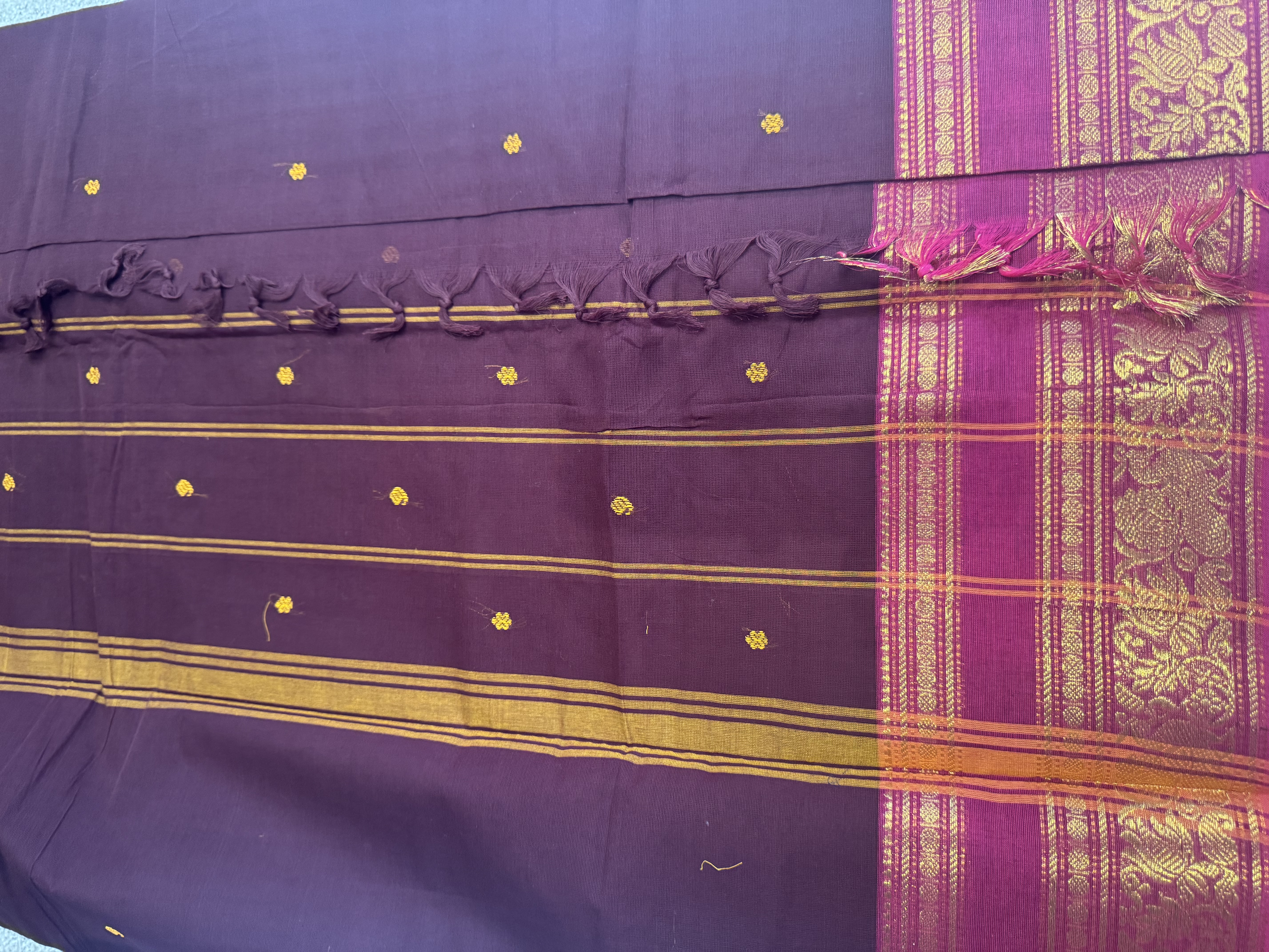 Brown cotton saree with pink border