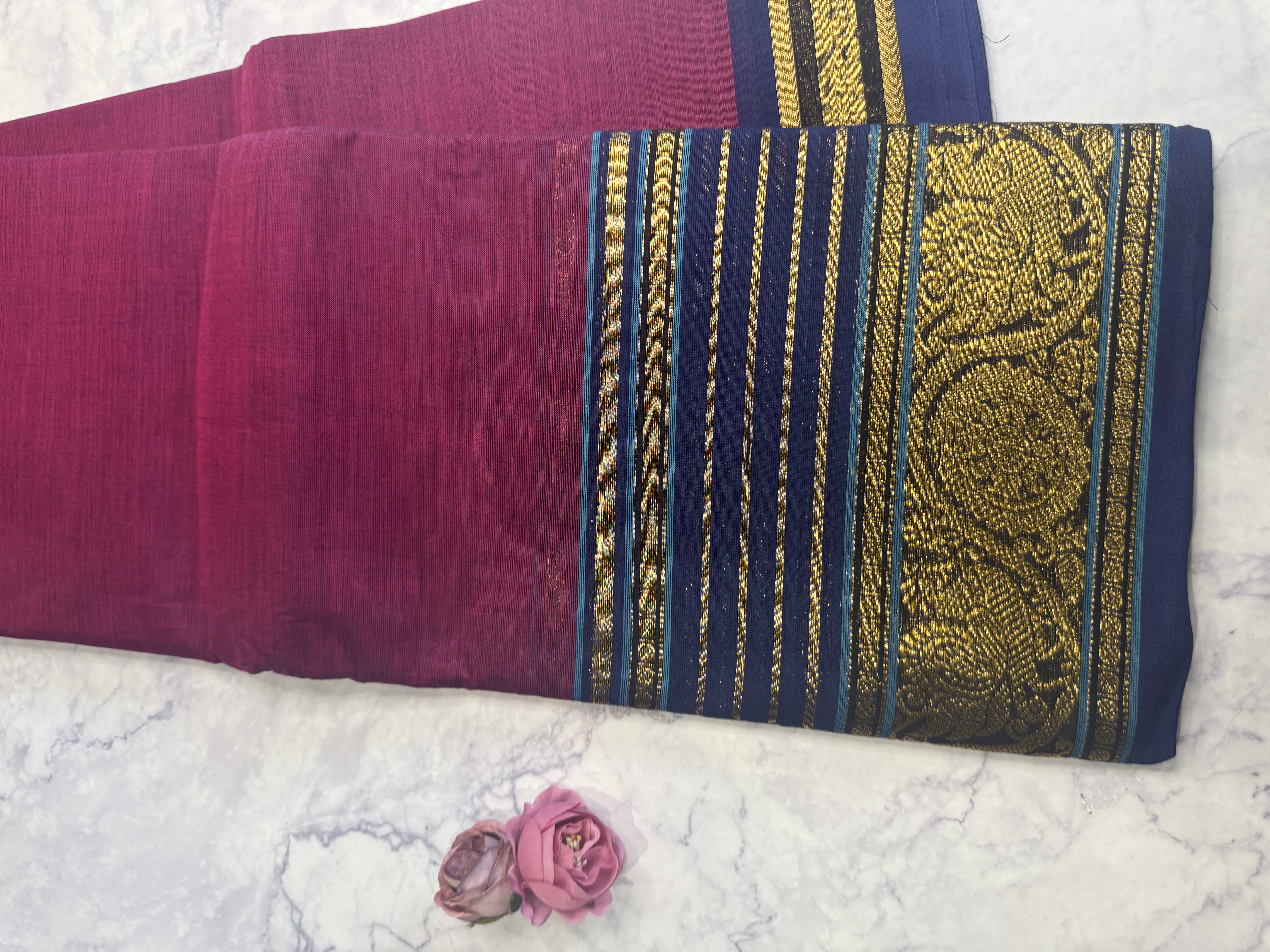 Berry pink cotton saree with blue border