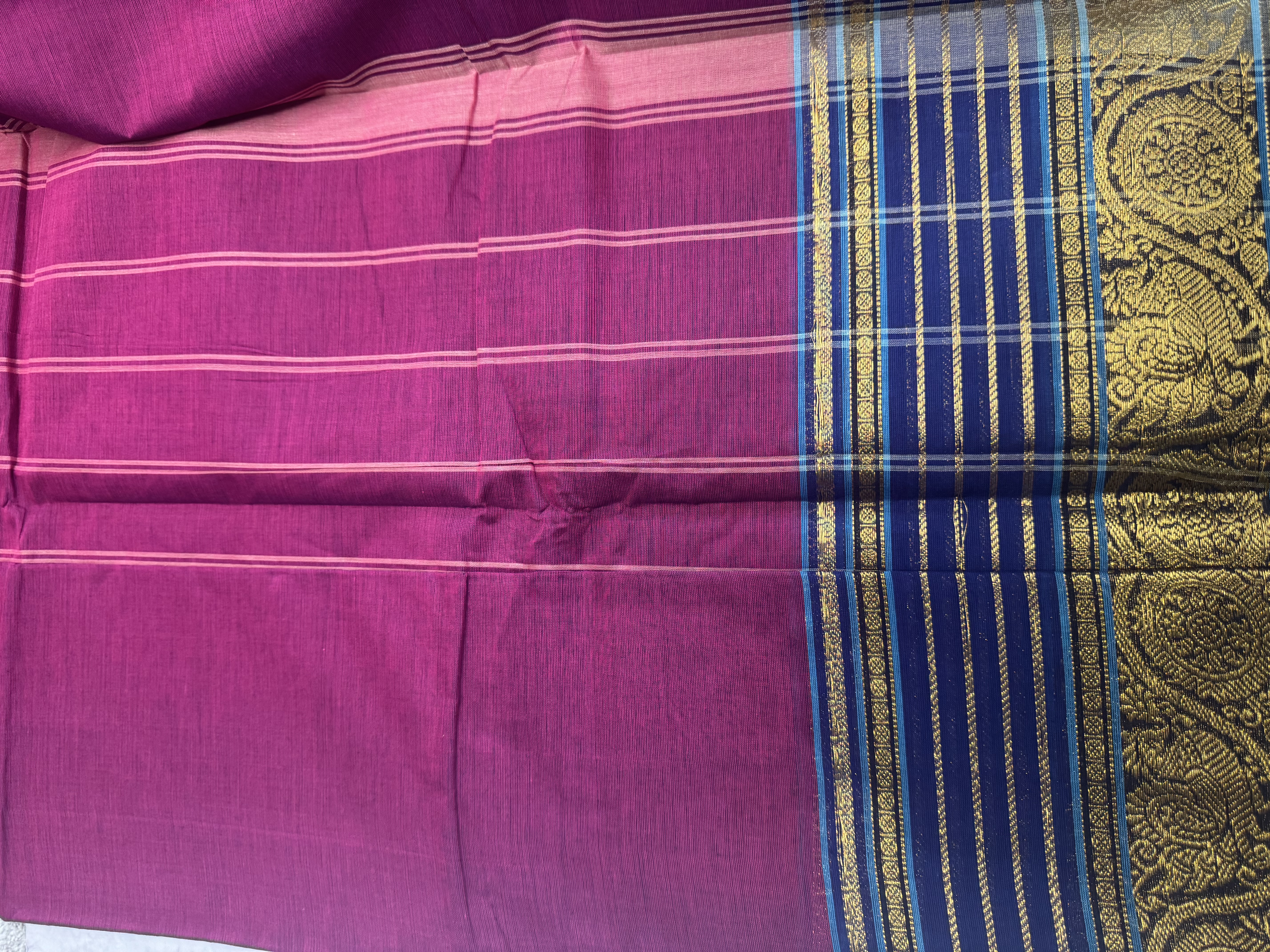 Berry pink cotton saree with blue border