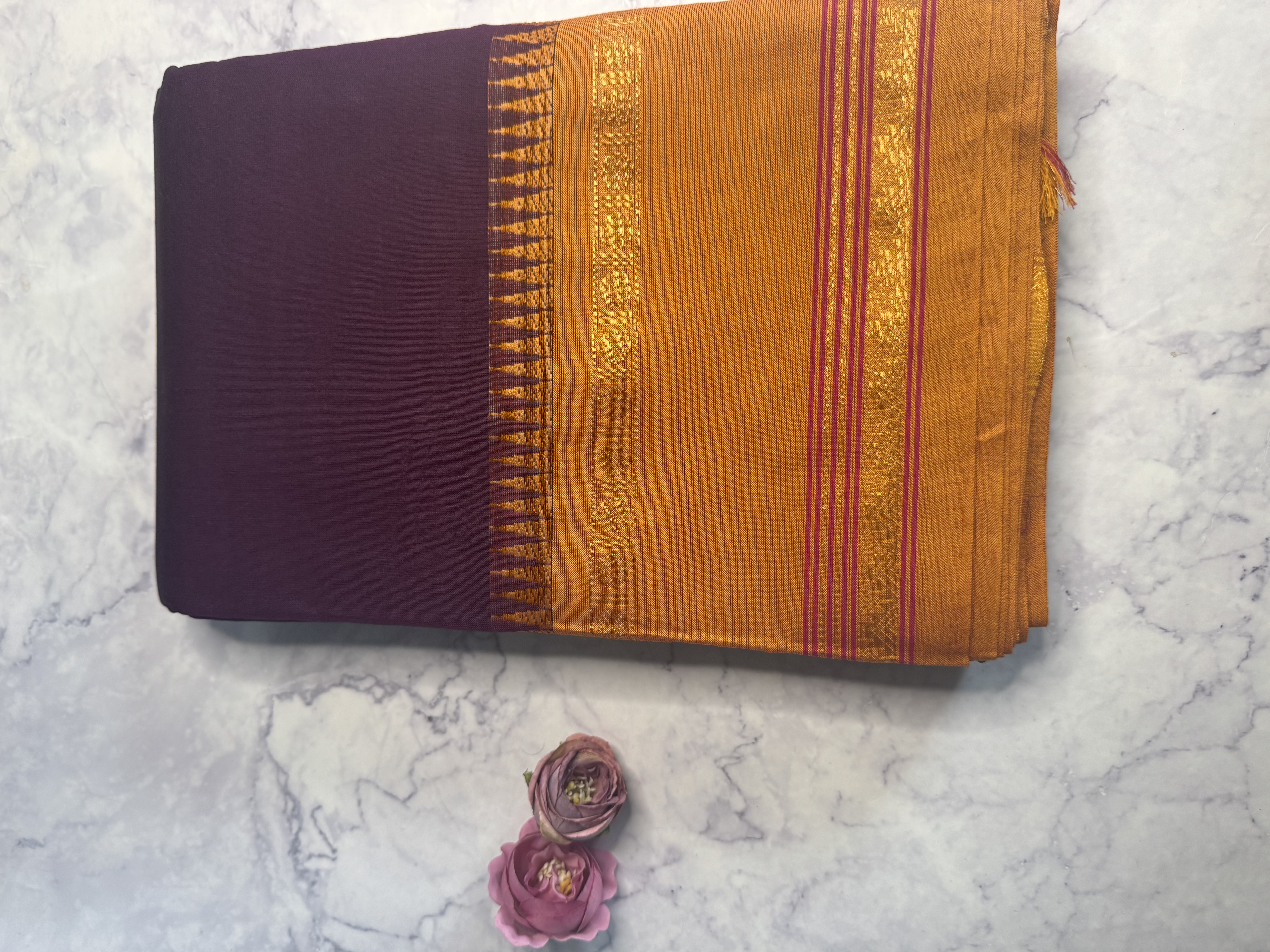 Purple cotton saree with orange border