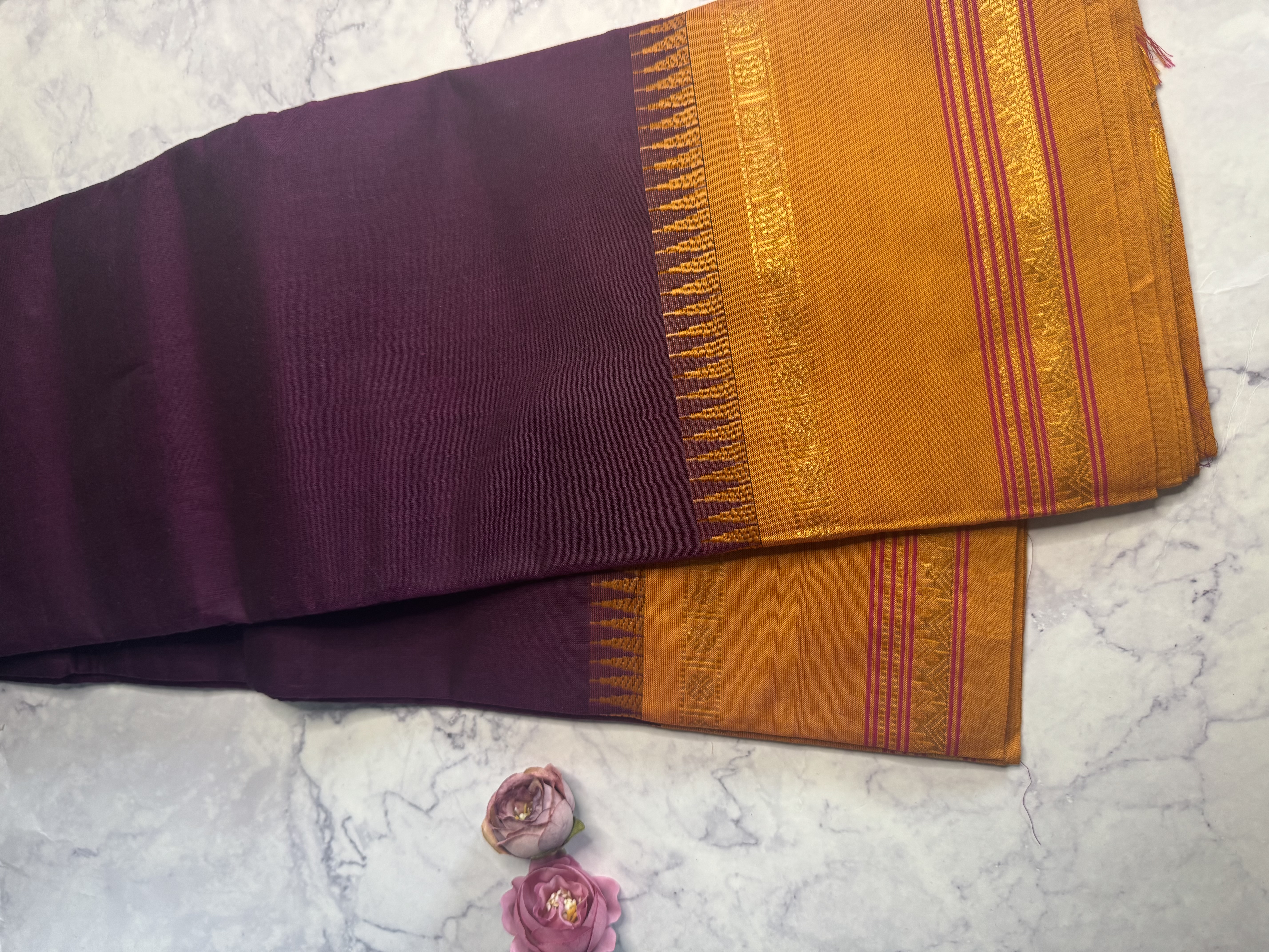 Purple cotton saree with orange border
