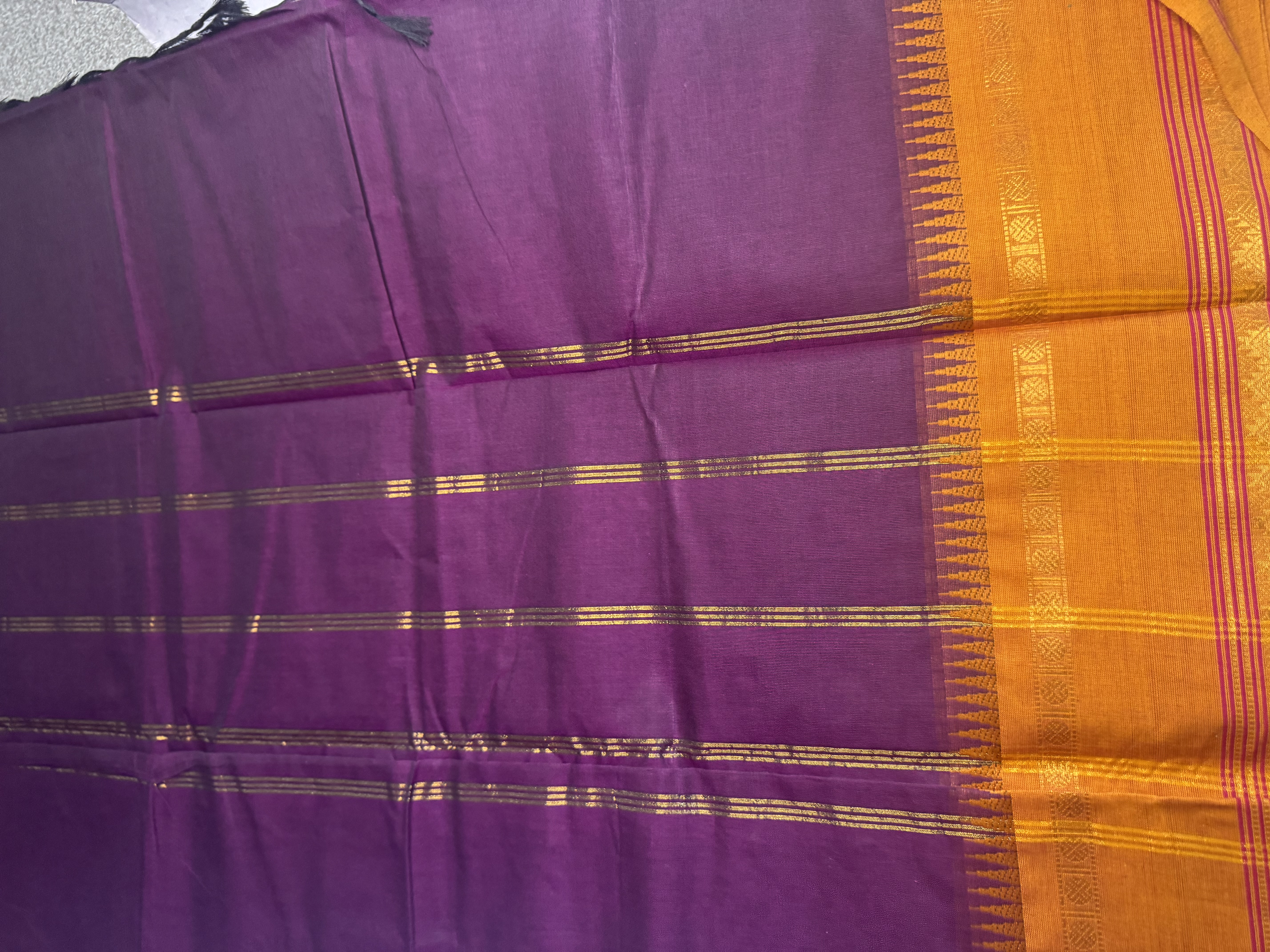 Purple cotton saree with orange border