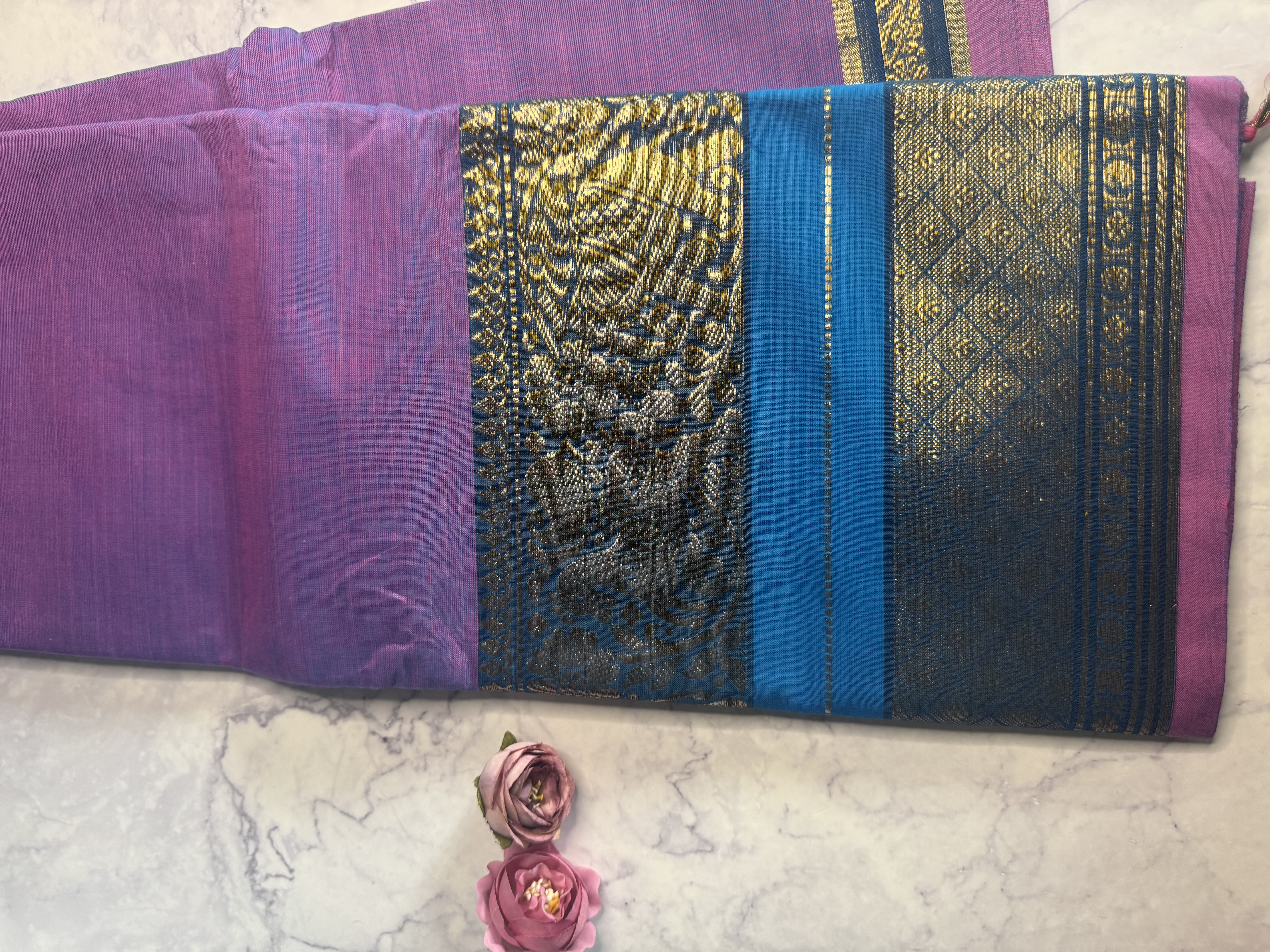 Dual tone lavender and blue cotton saree