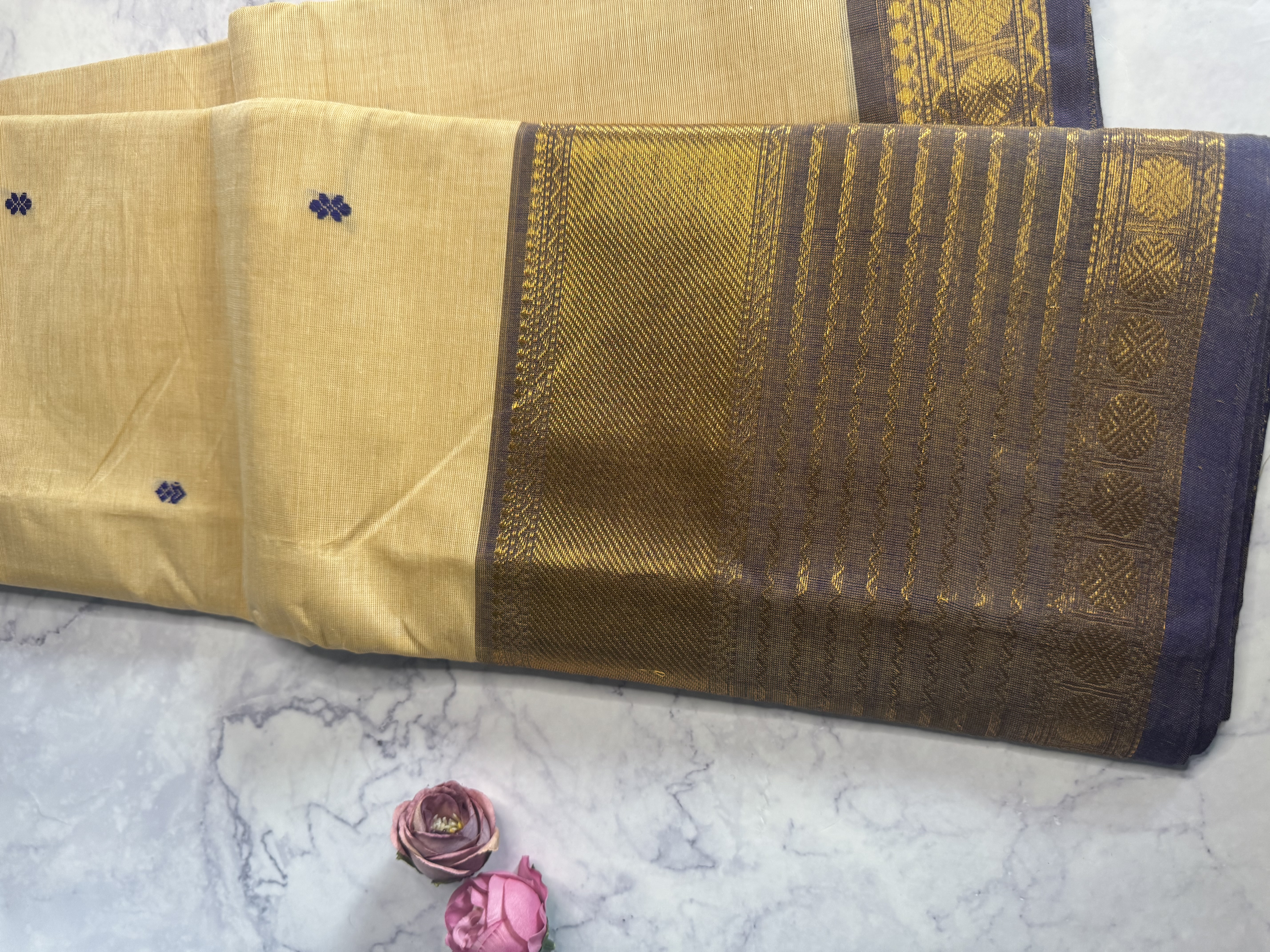 Biscuit saree with blue border