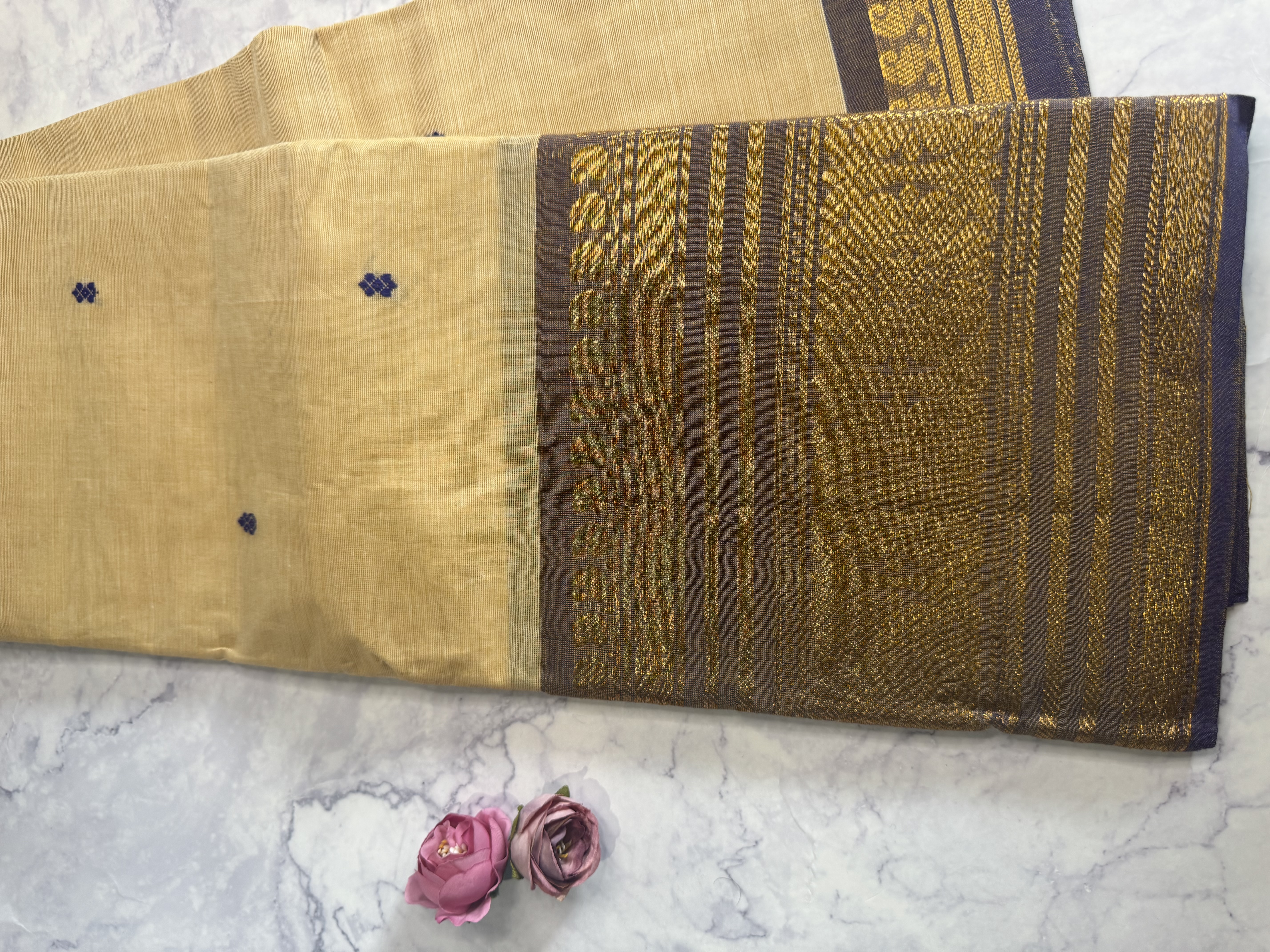 Biscuit shade cotton saree with blue border