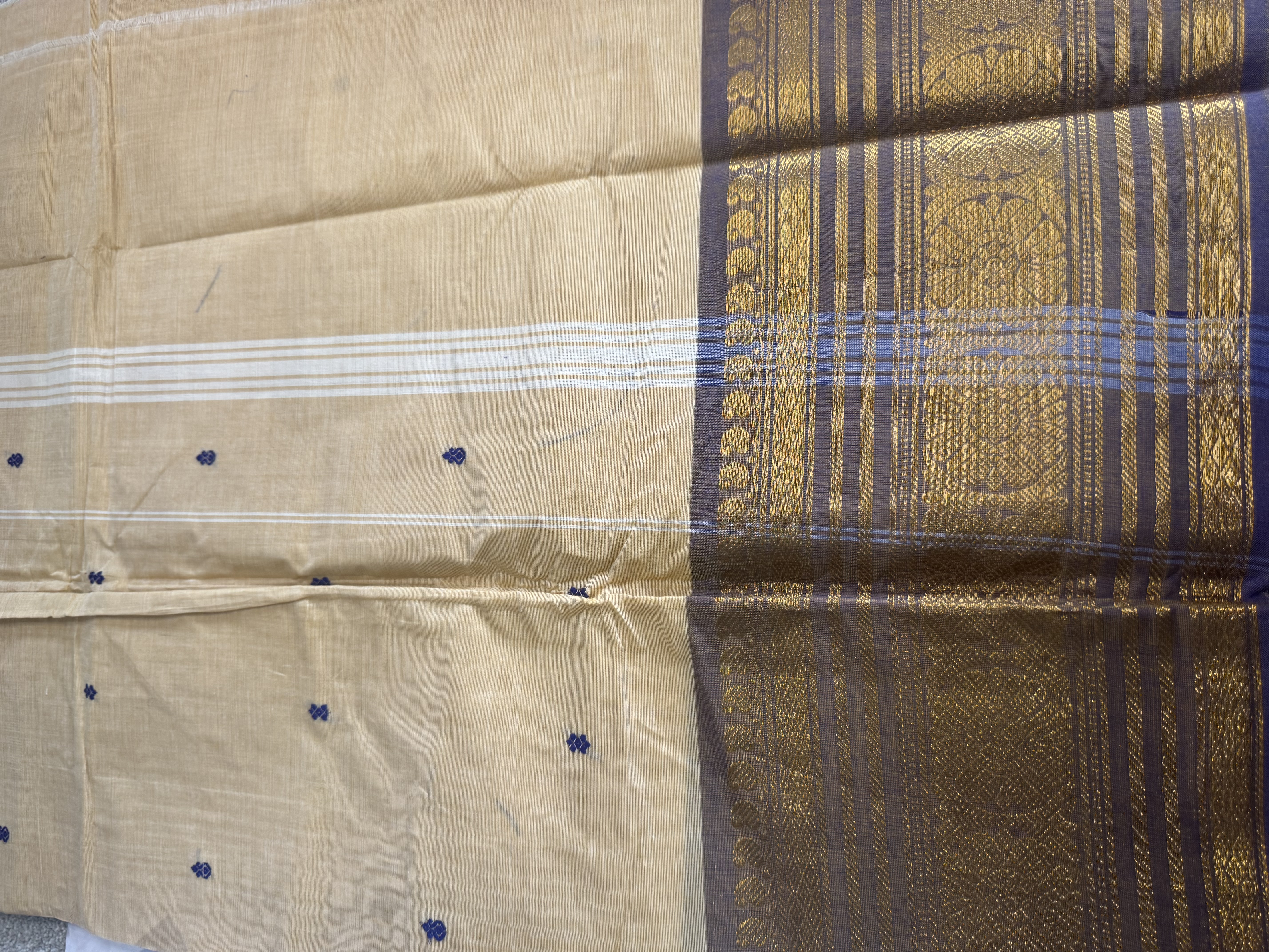 Biscuit shade cotton saree with blue border