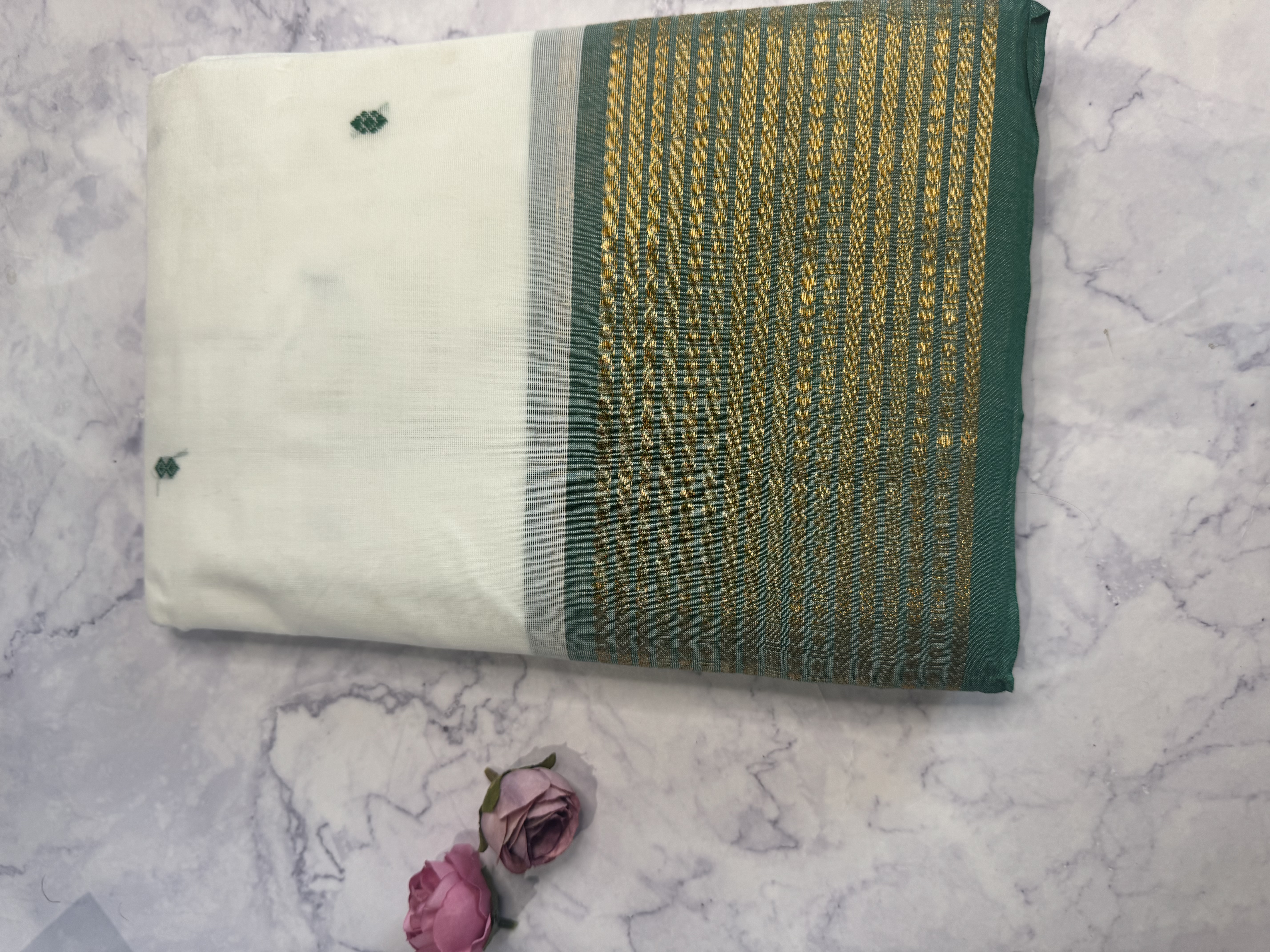 White cotton saree with green border
