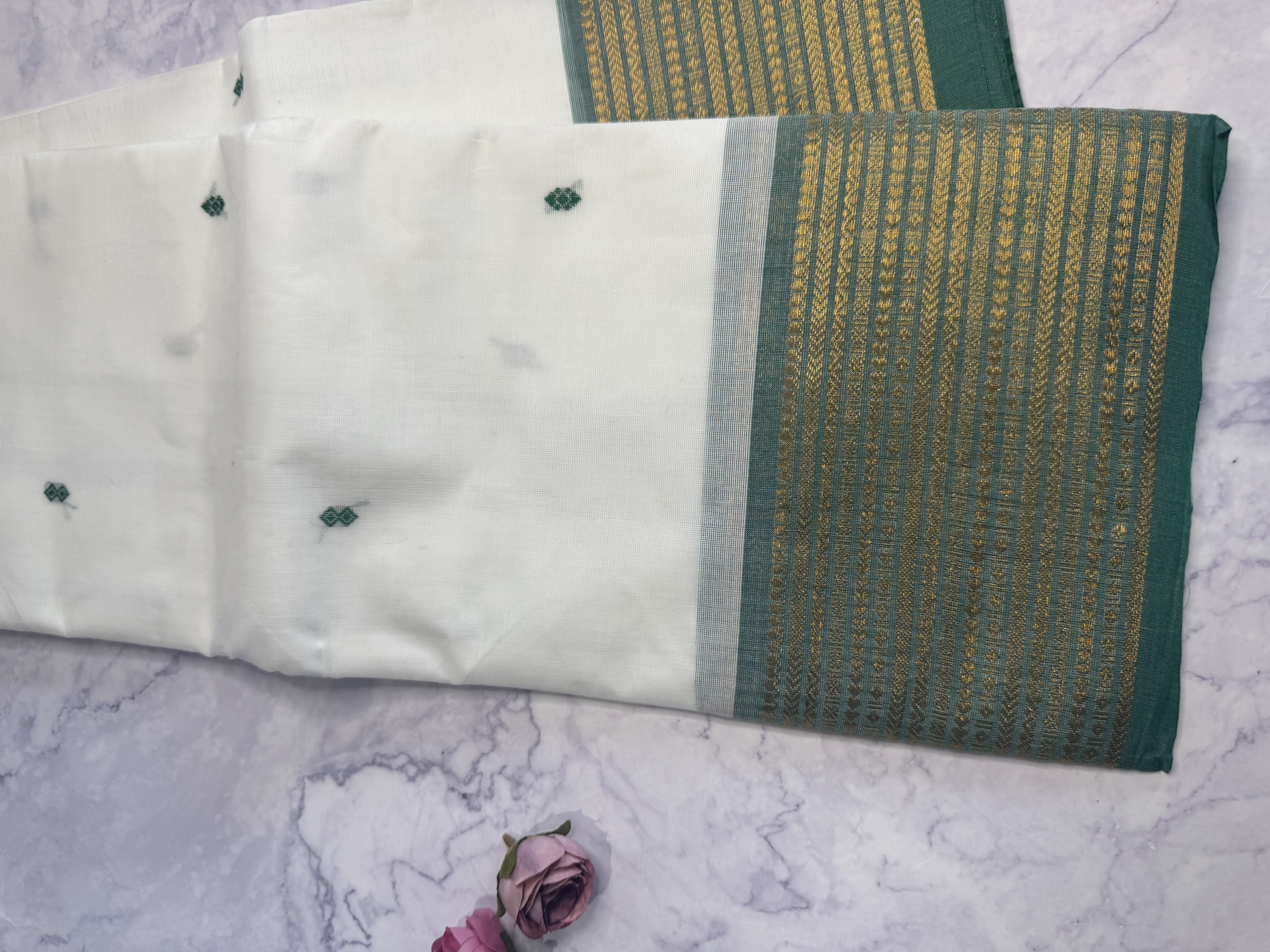 White cotton saree with green border