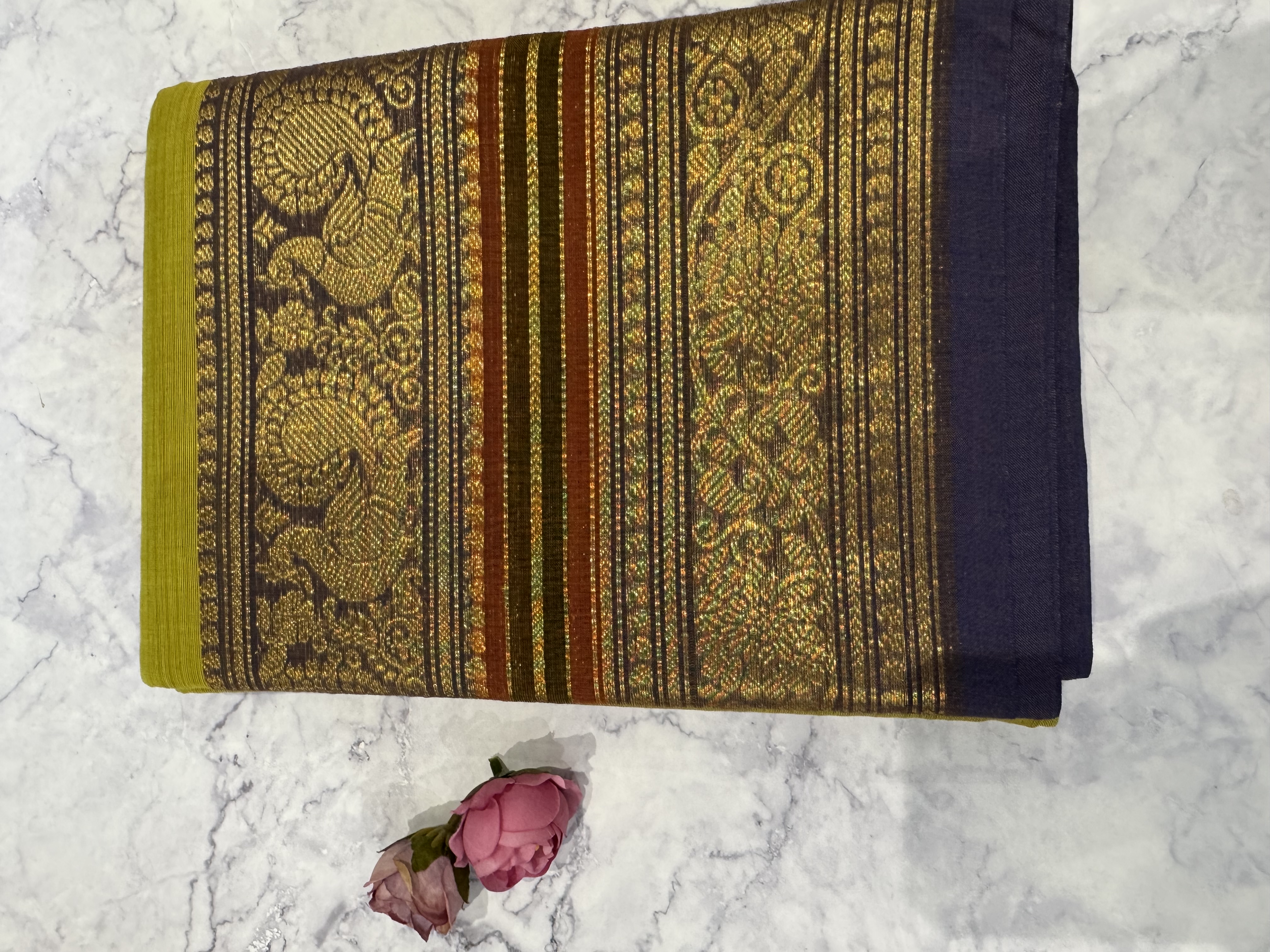 Parrot green cotton saree with blue border