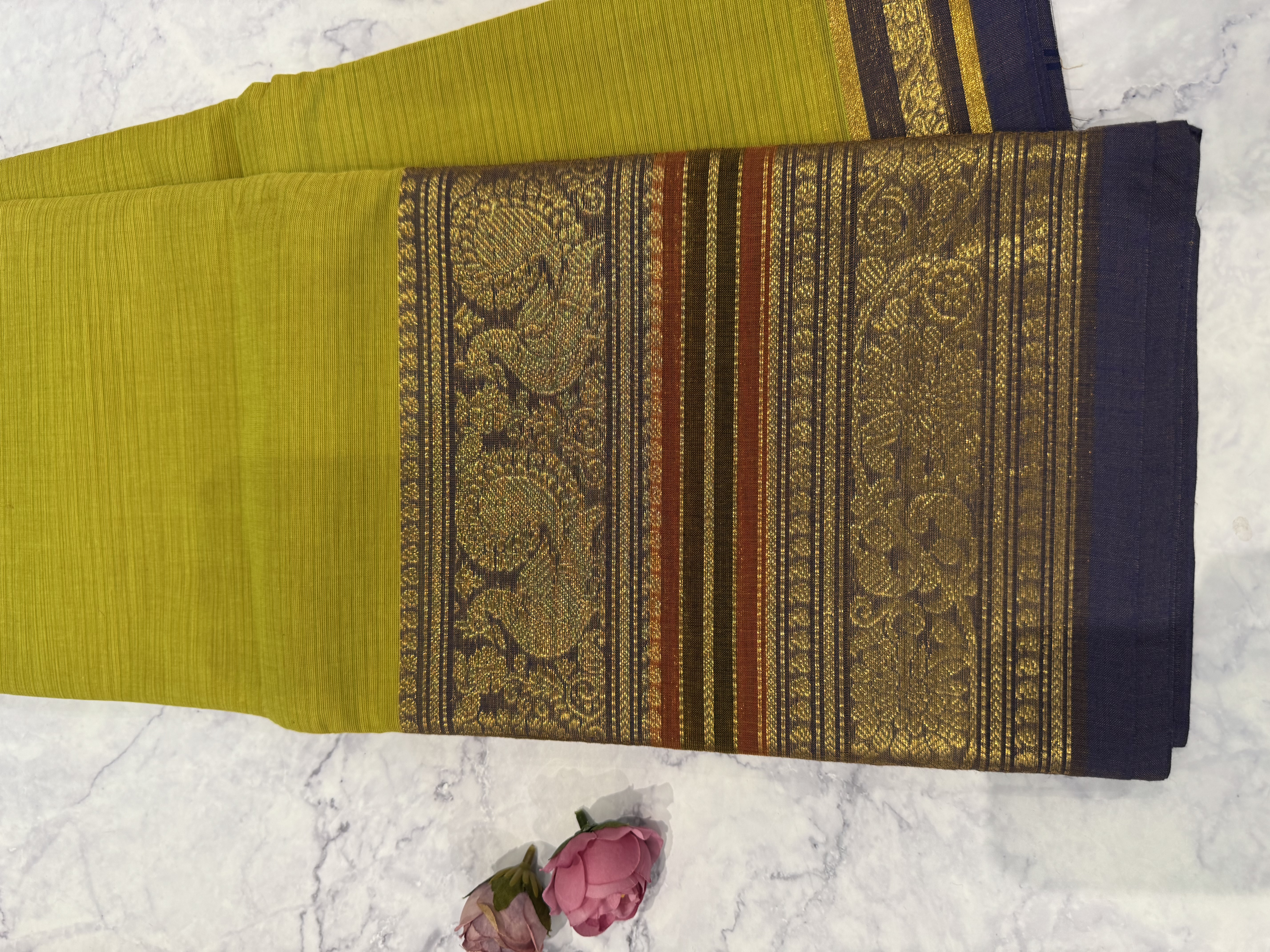 Parrot green cotton saree with blue border