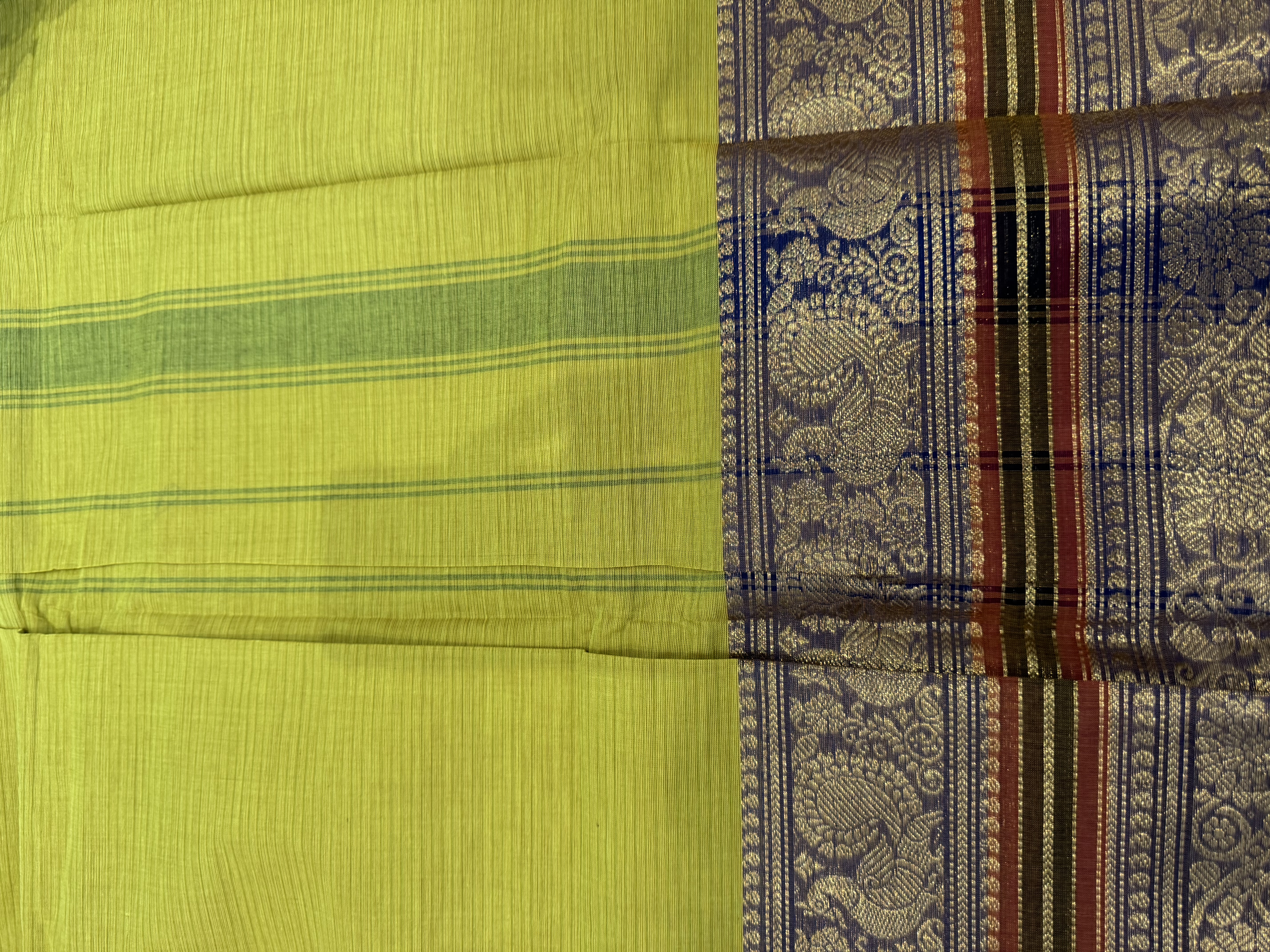 Parrot green cotton saree with blue border