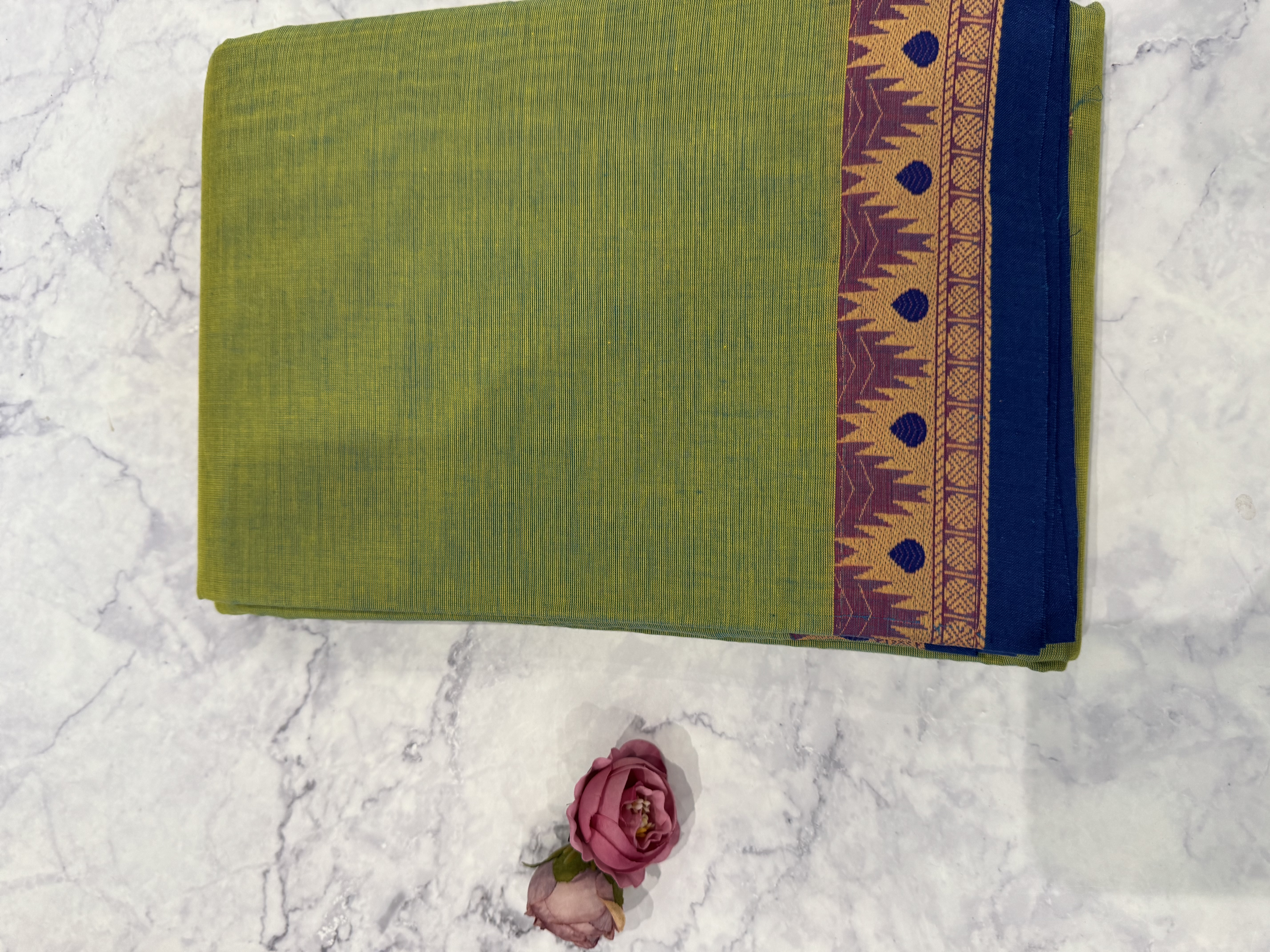 Mint green cotton saree with small blue border