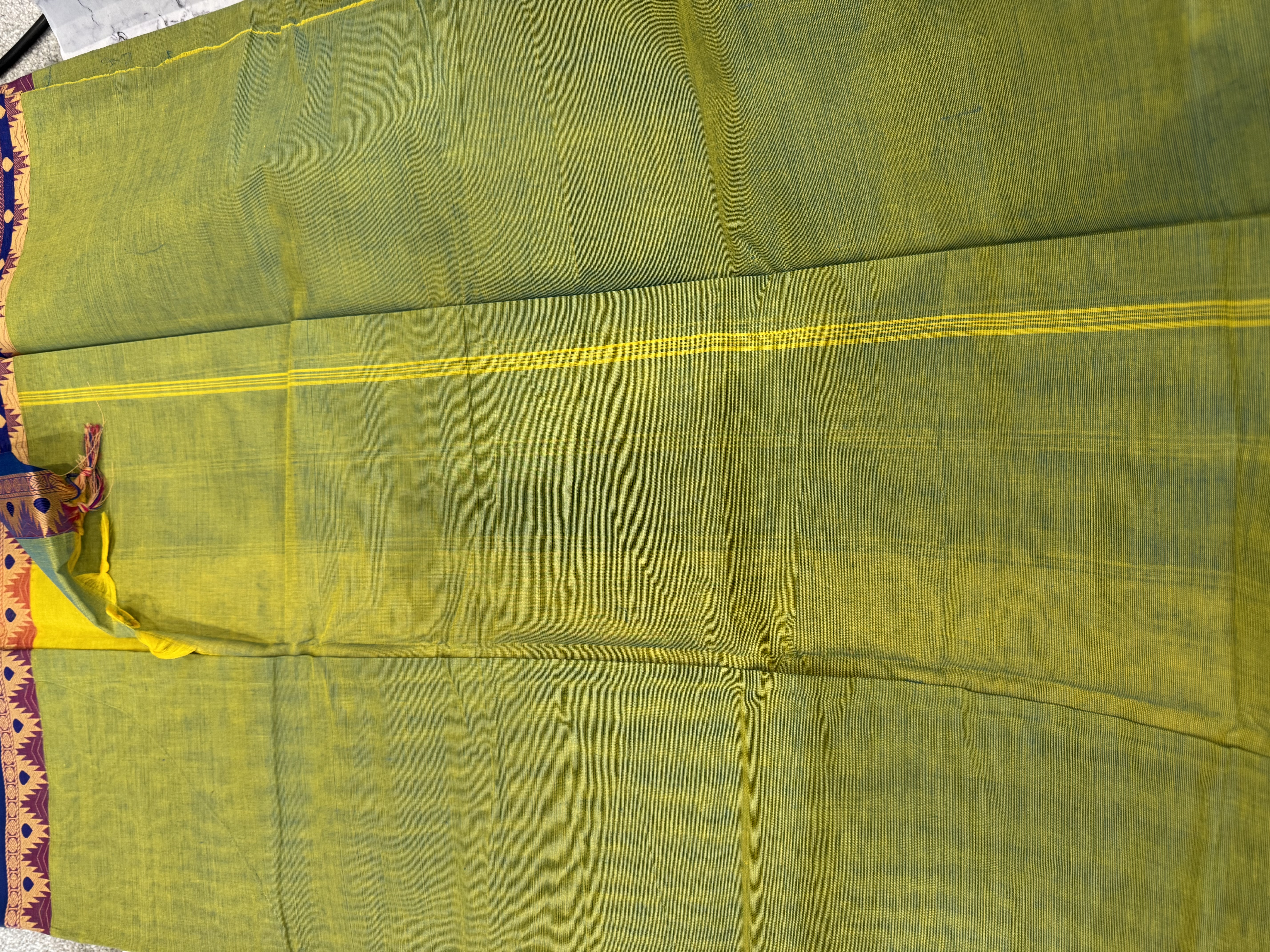 Mint green cotton saree with small blue border