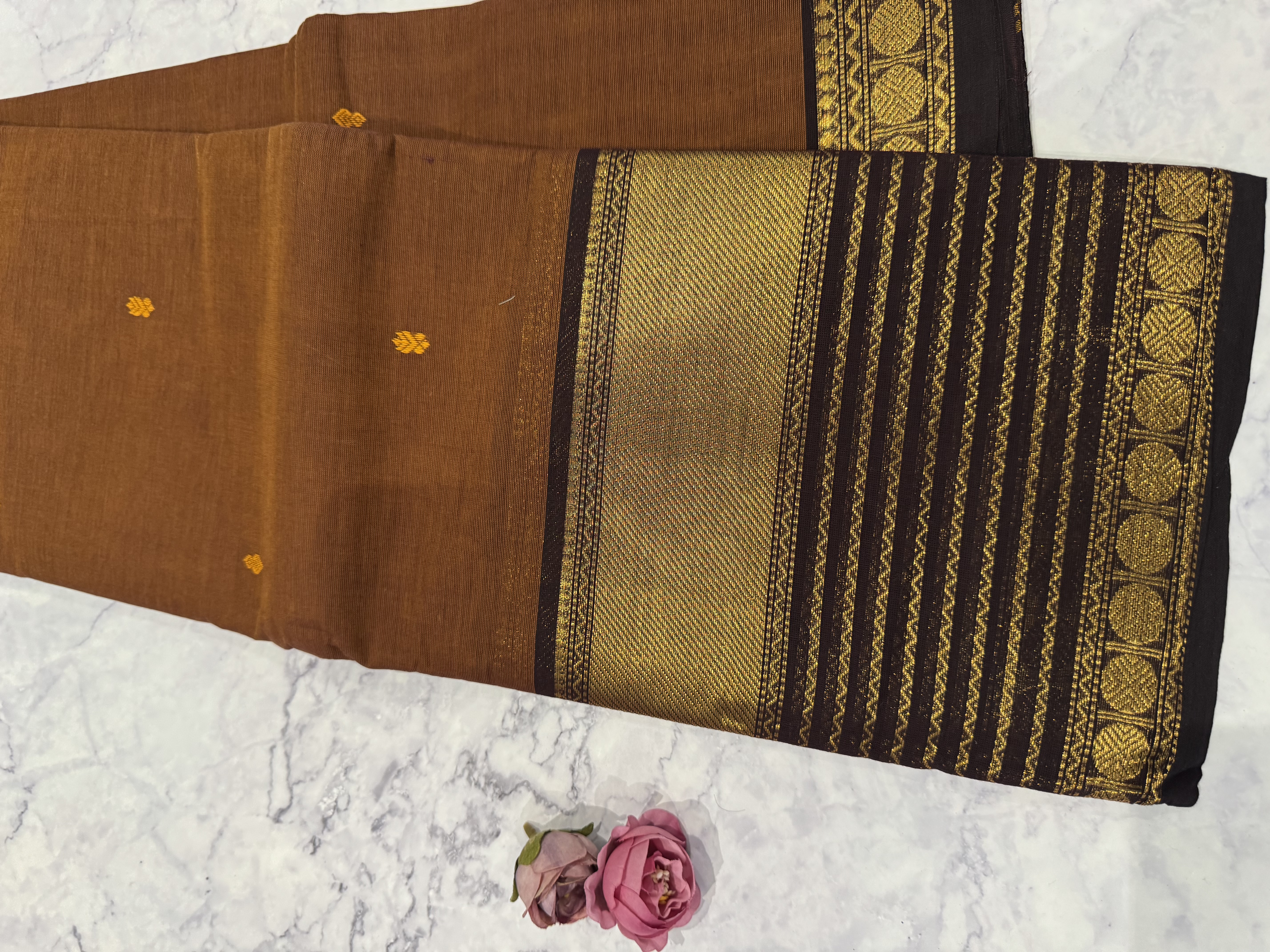 Medium brown cotton saree with black border