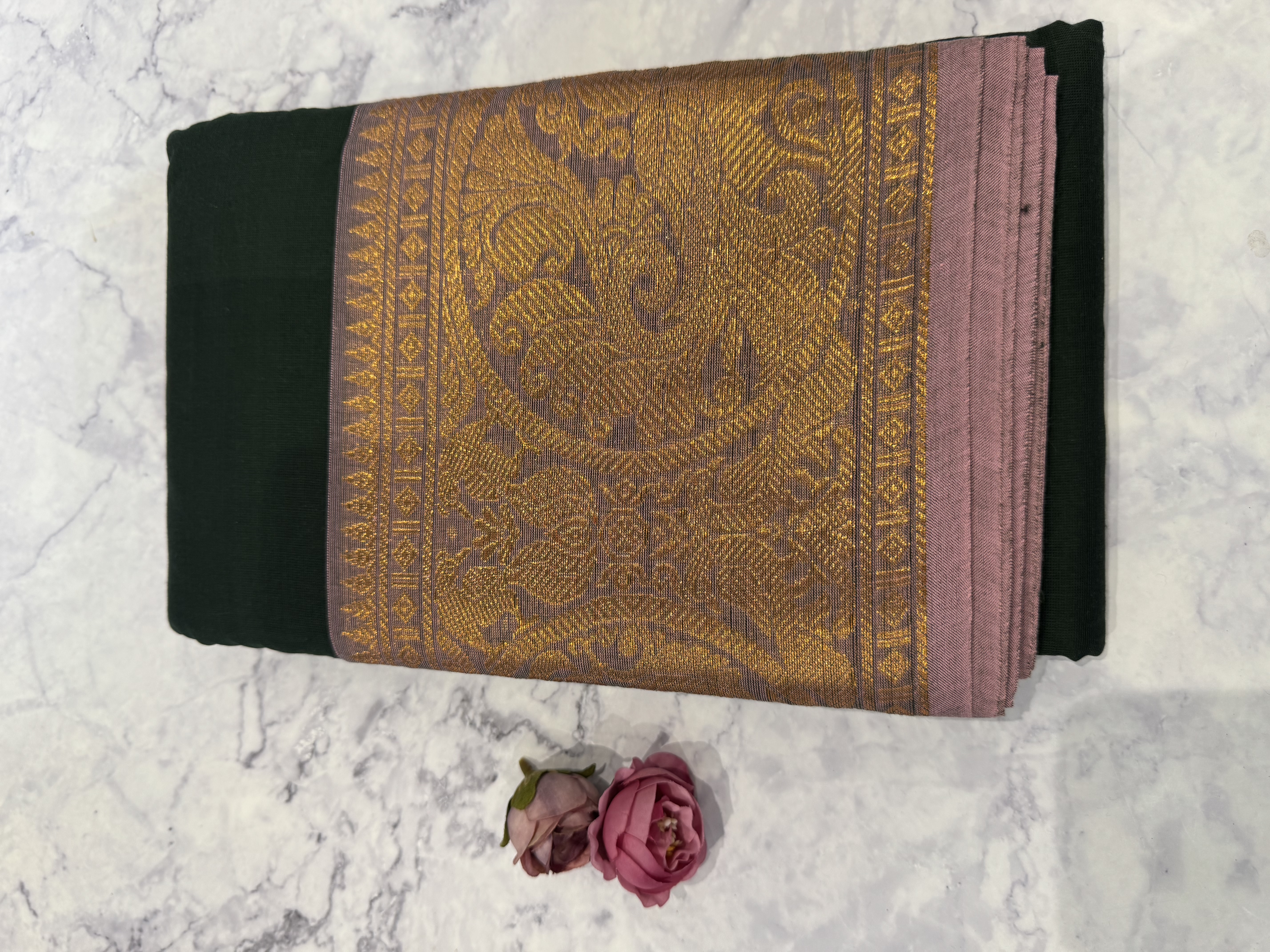Forest green cotton saree with pink border without blouse