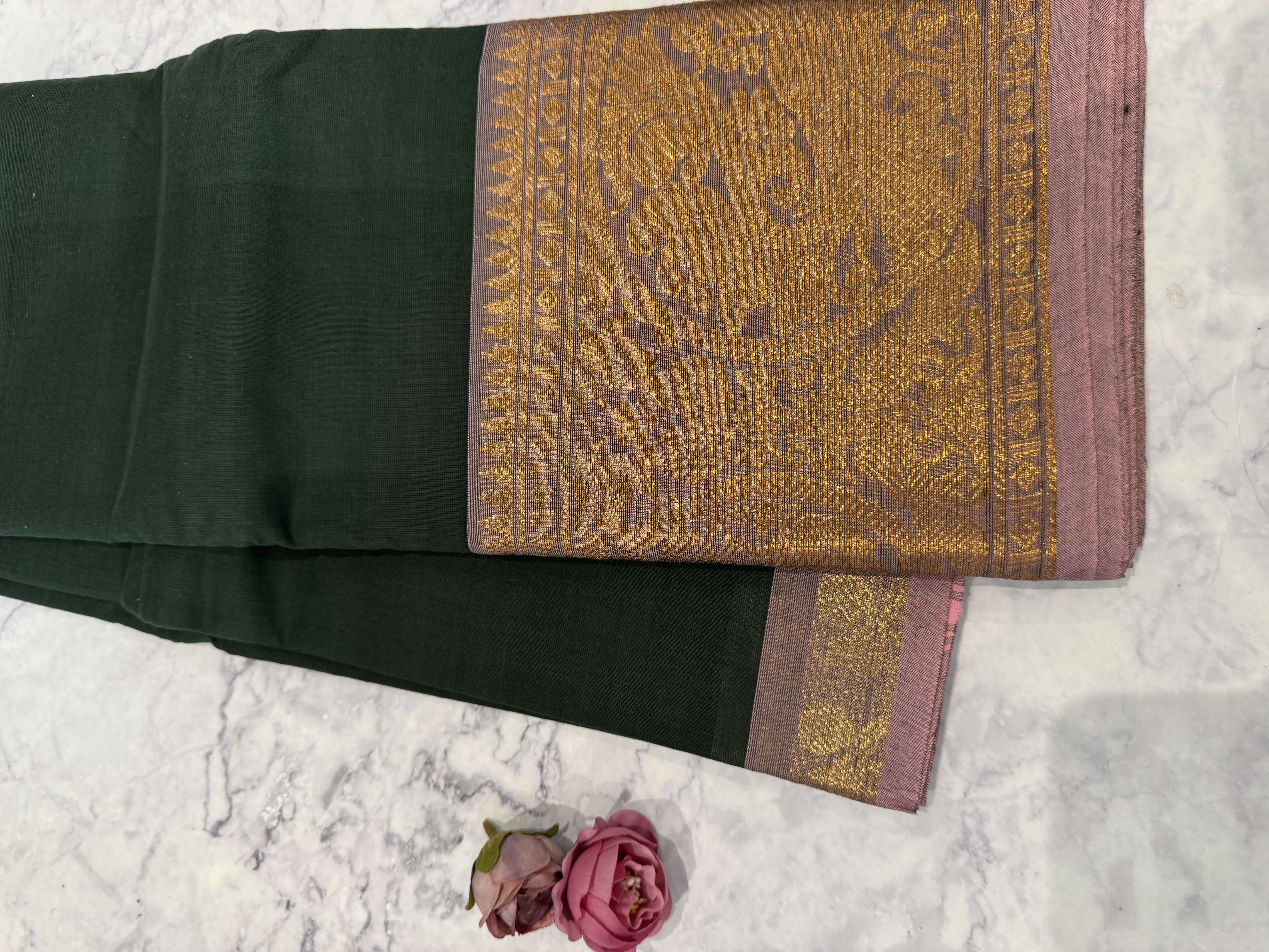 Forest green cotton saree with pink border without blouse