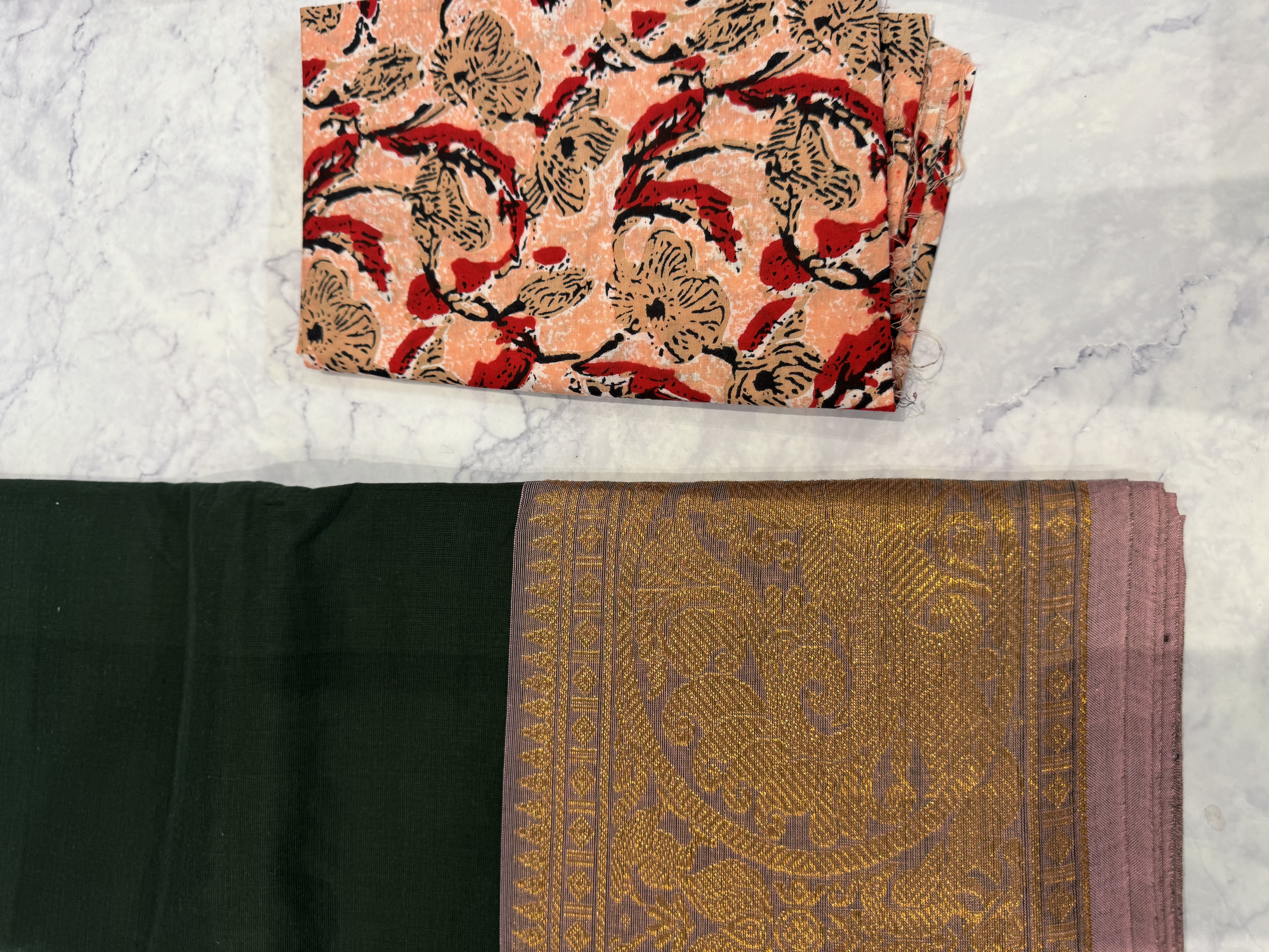 Forest green cotton saree with pink border without blouse