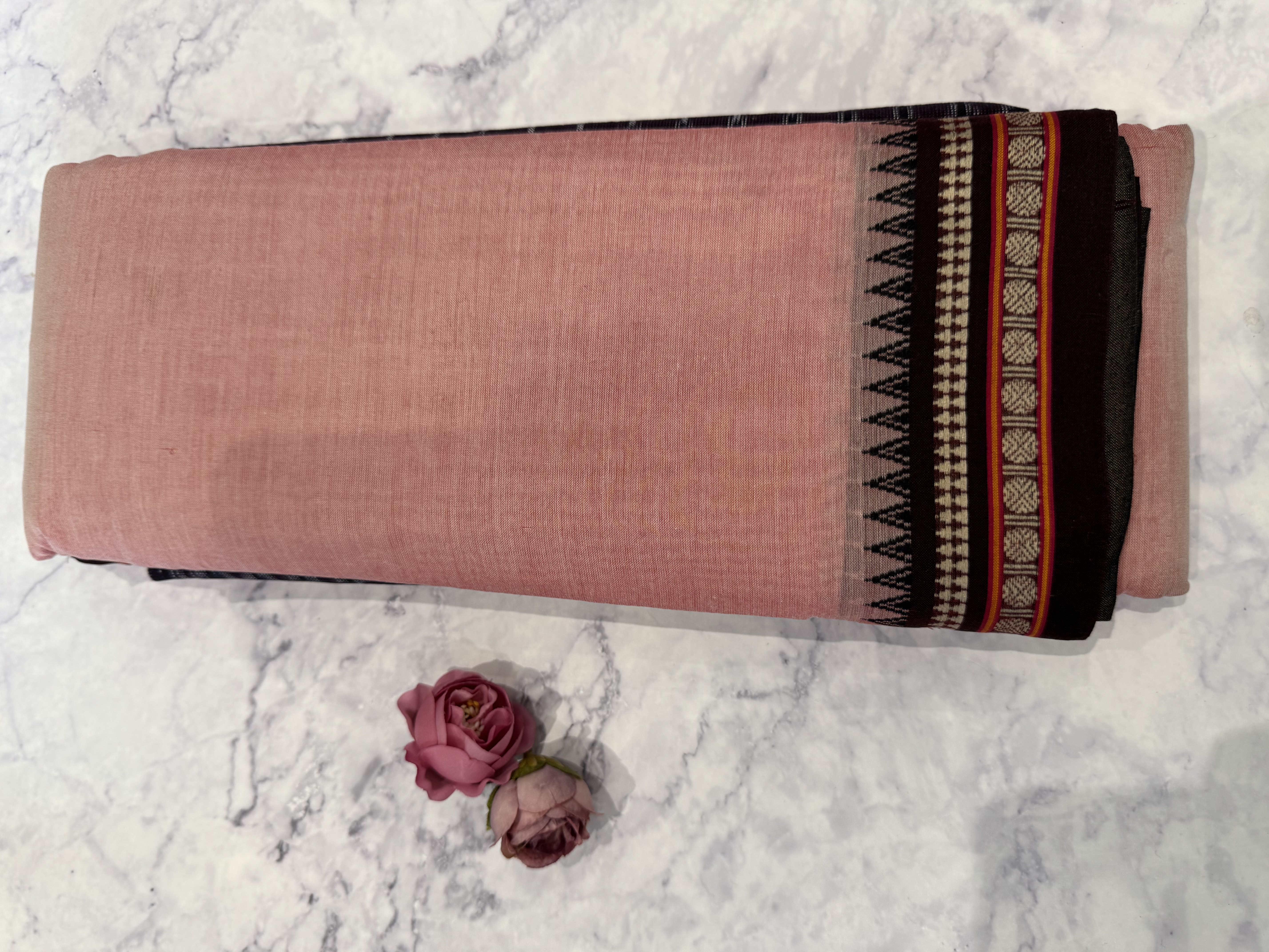 Salmon pink cotton saree with thin black border