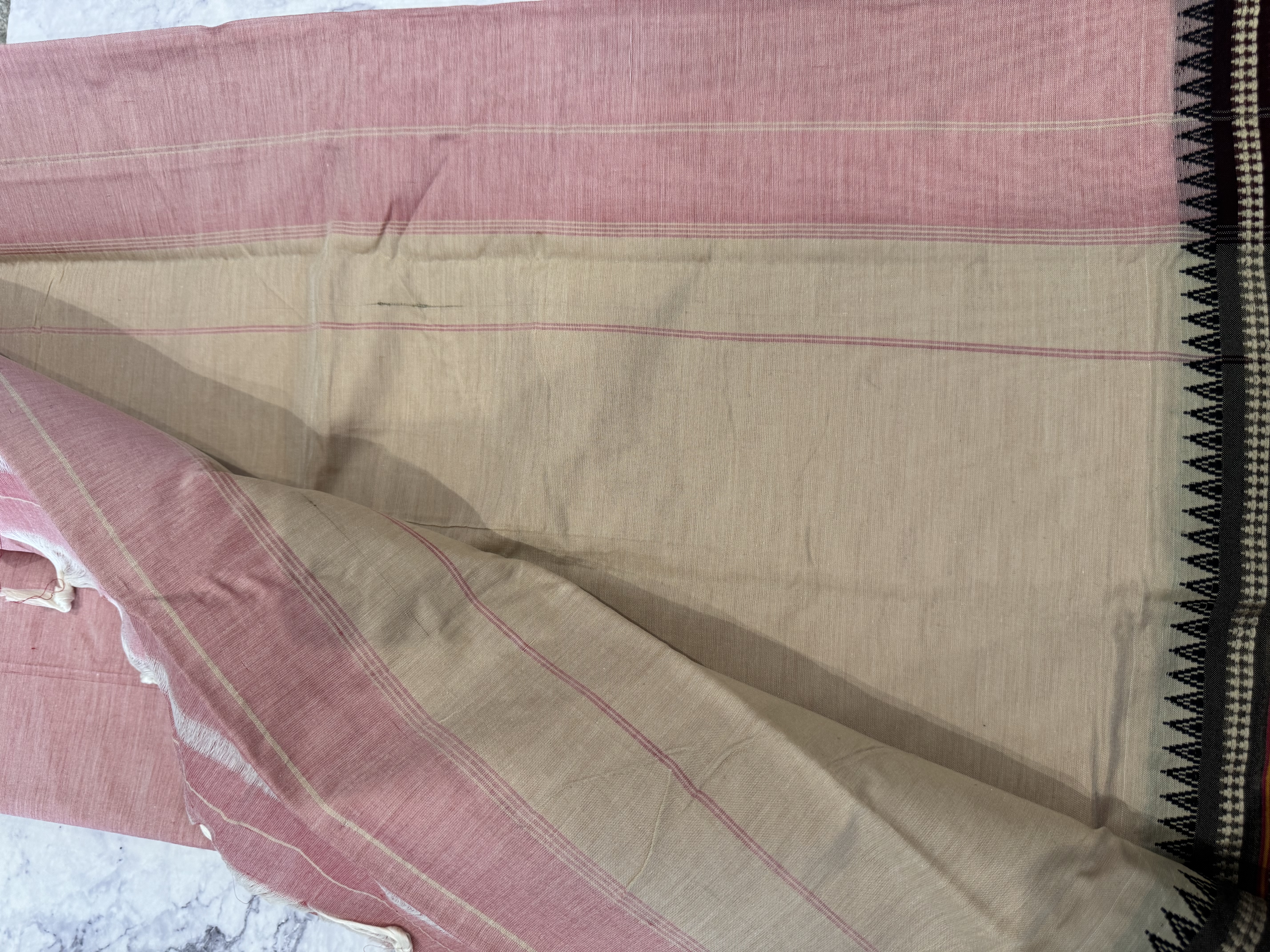 Salmon pink cotton saree with thin black border