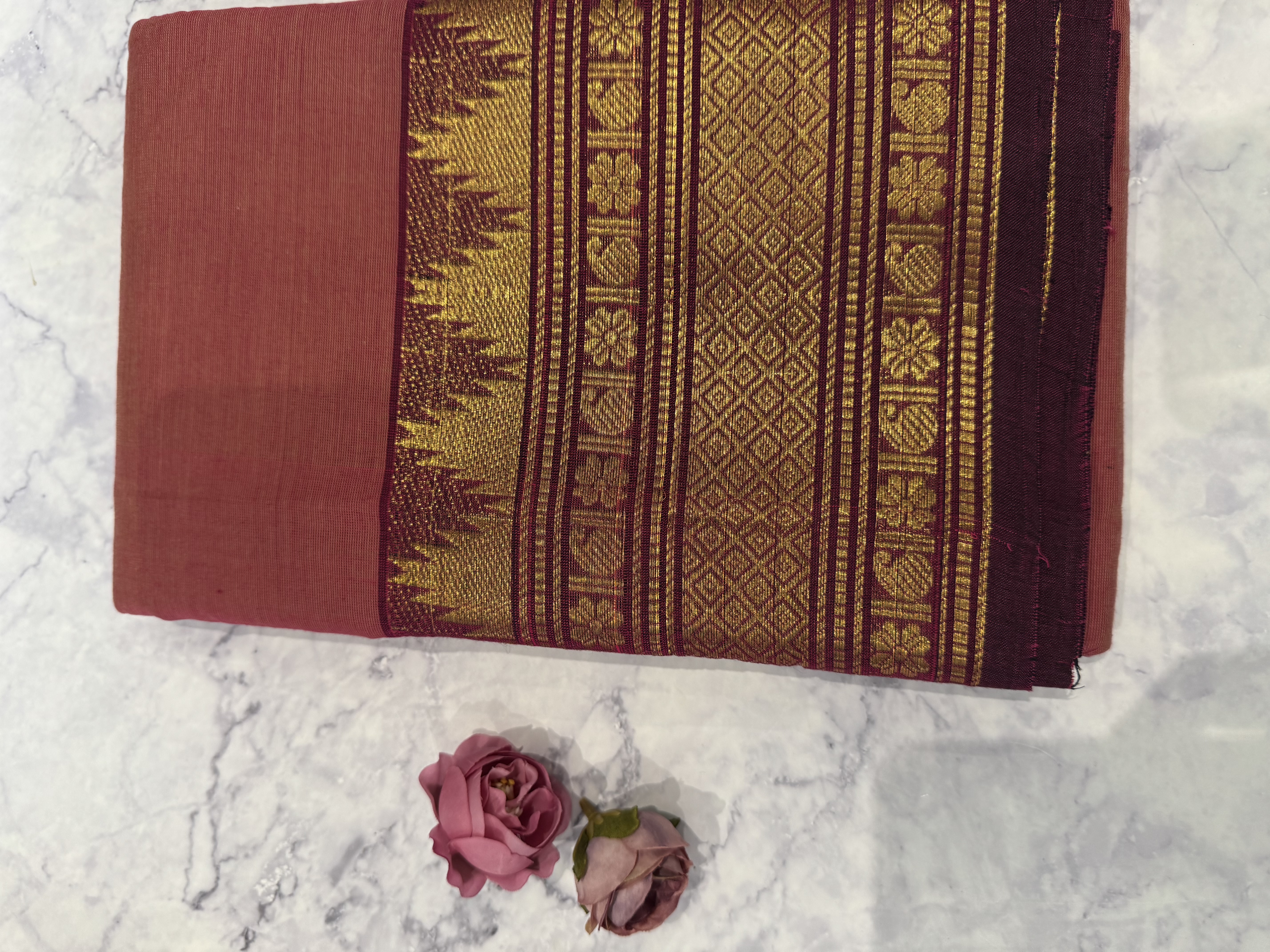 Peach pink cotton saree no blouse
