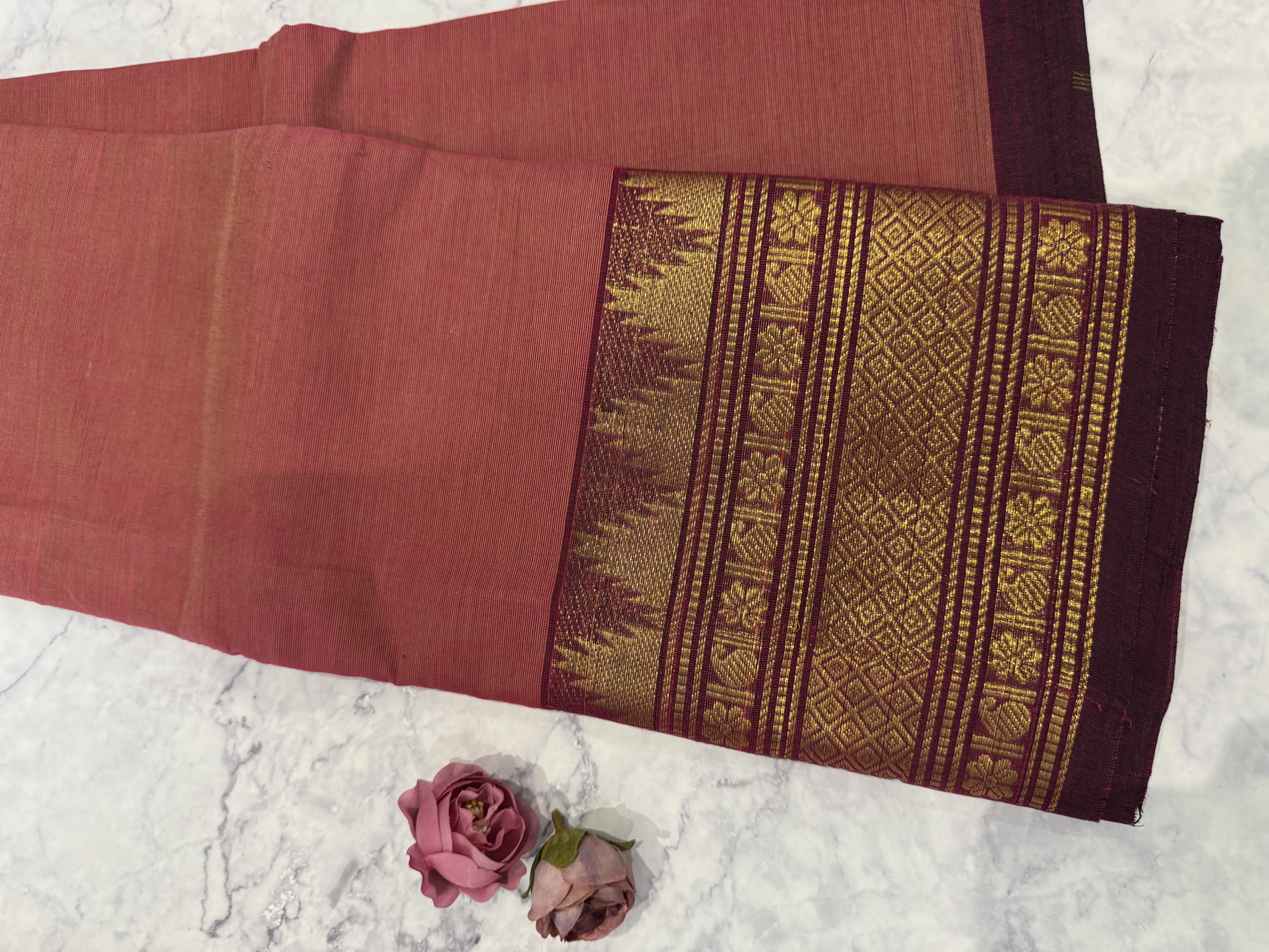 Peach pink cotton saree no blouse