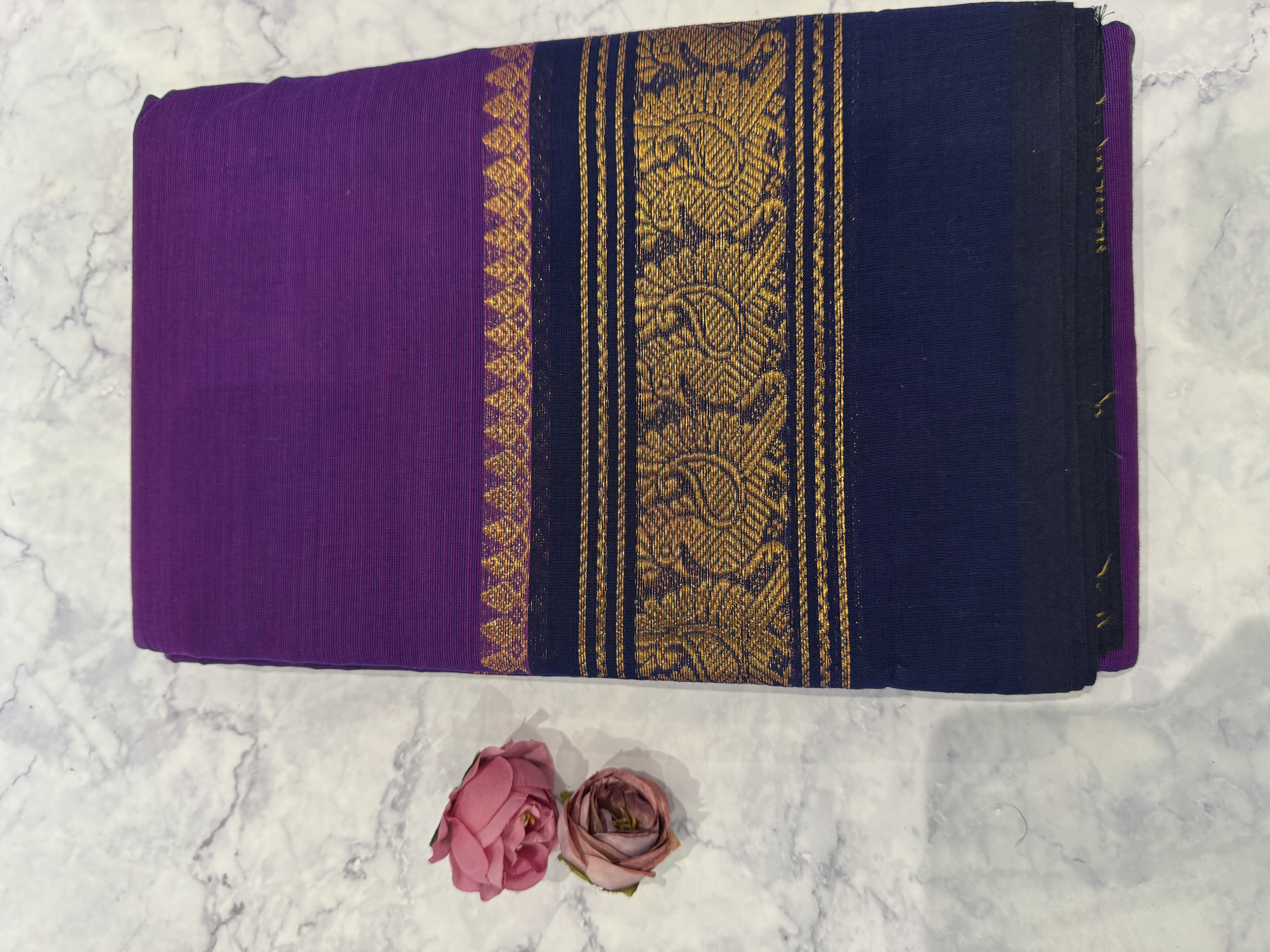 Purple cotton saree with blue border no blouse