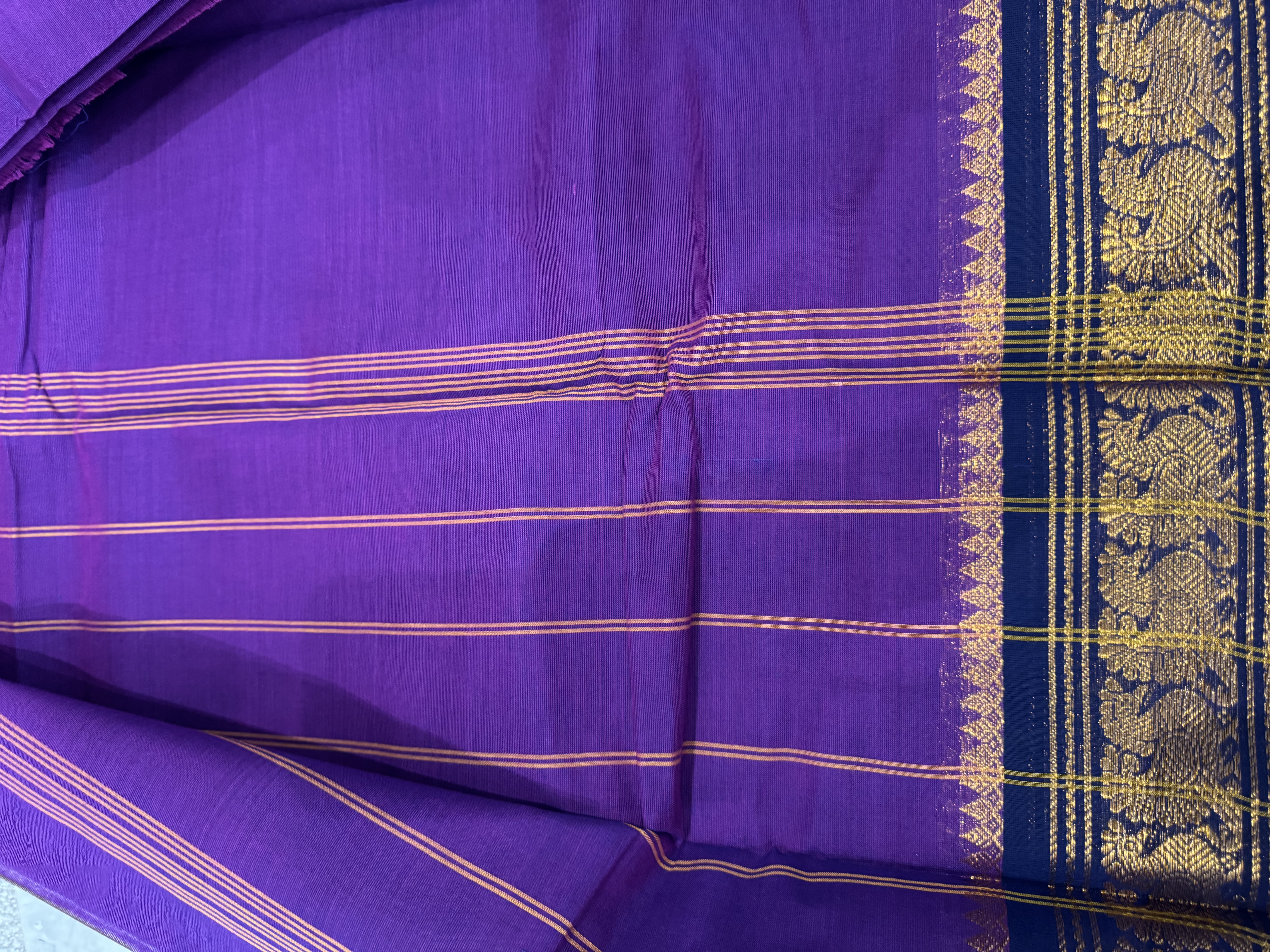 Purple cotton saree with blue border no blouse