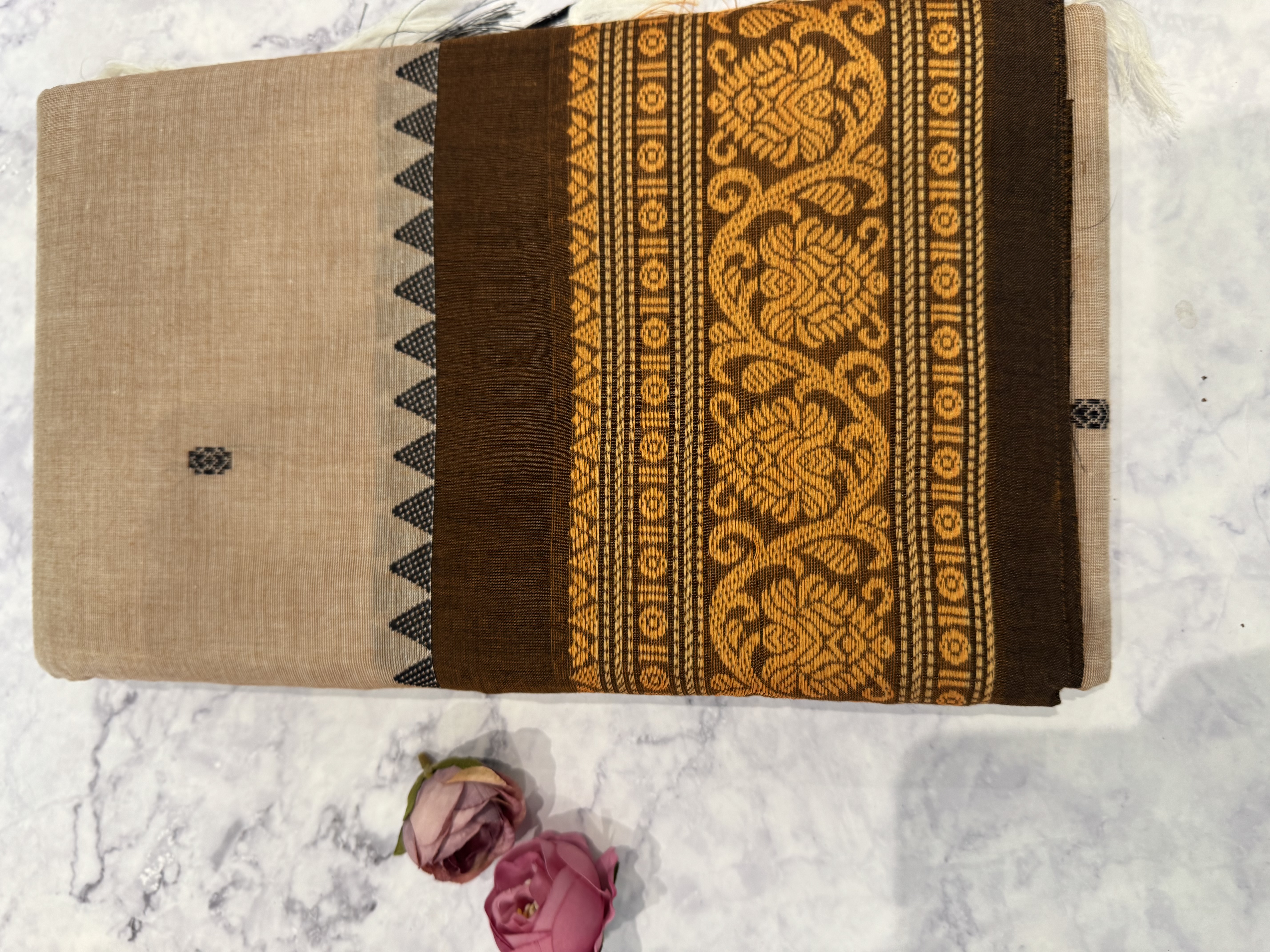 Pale ginger cotton saree with brown border