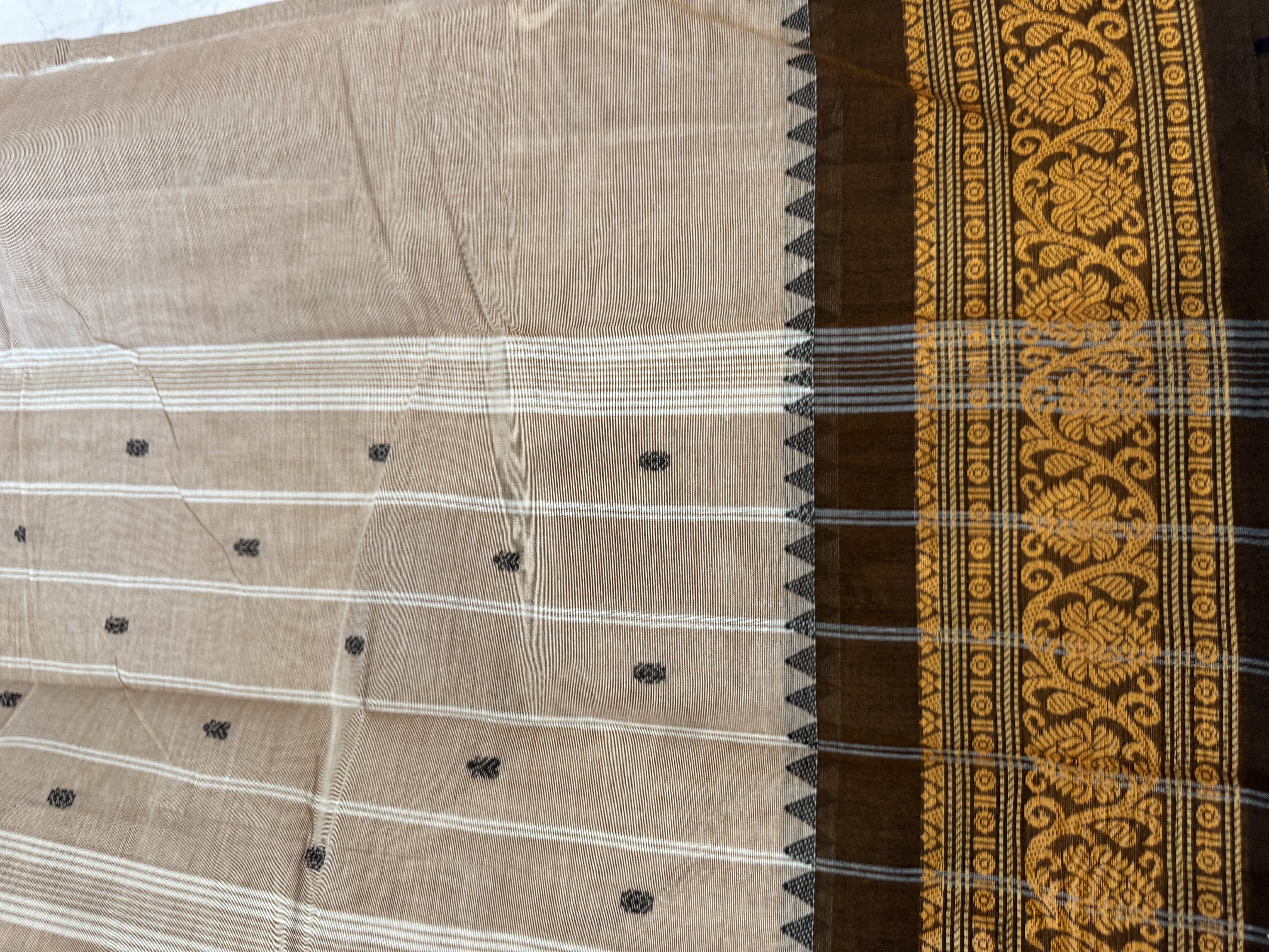 Pale ginger cotton saree with brown border
