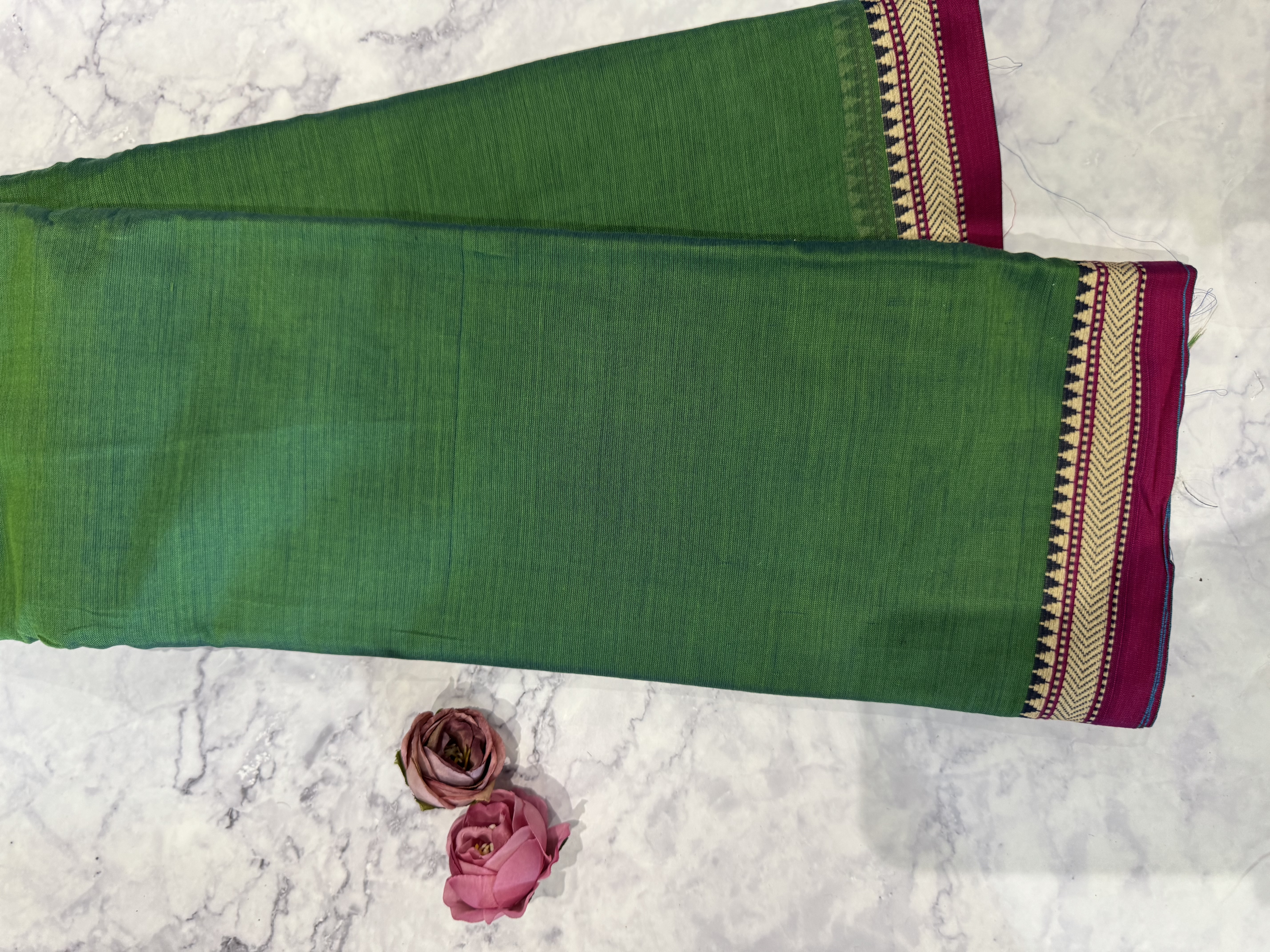 Electric green cotton saree with thin red border