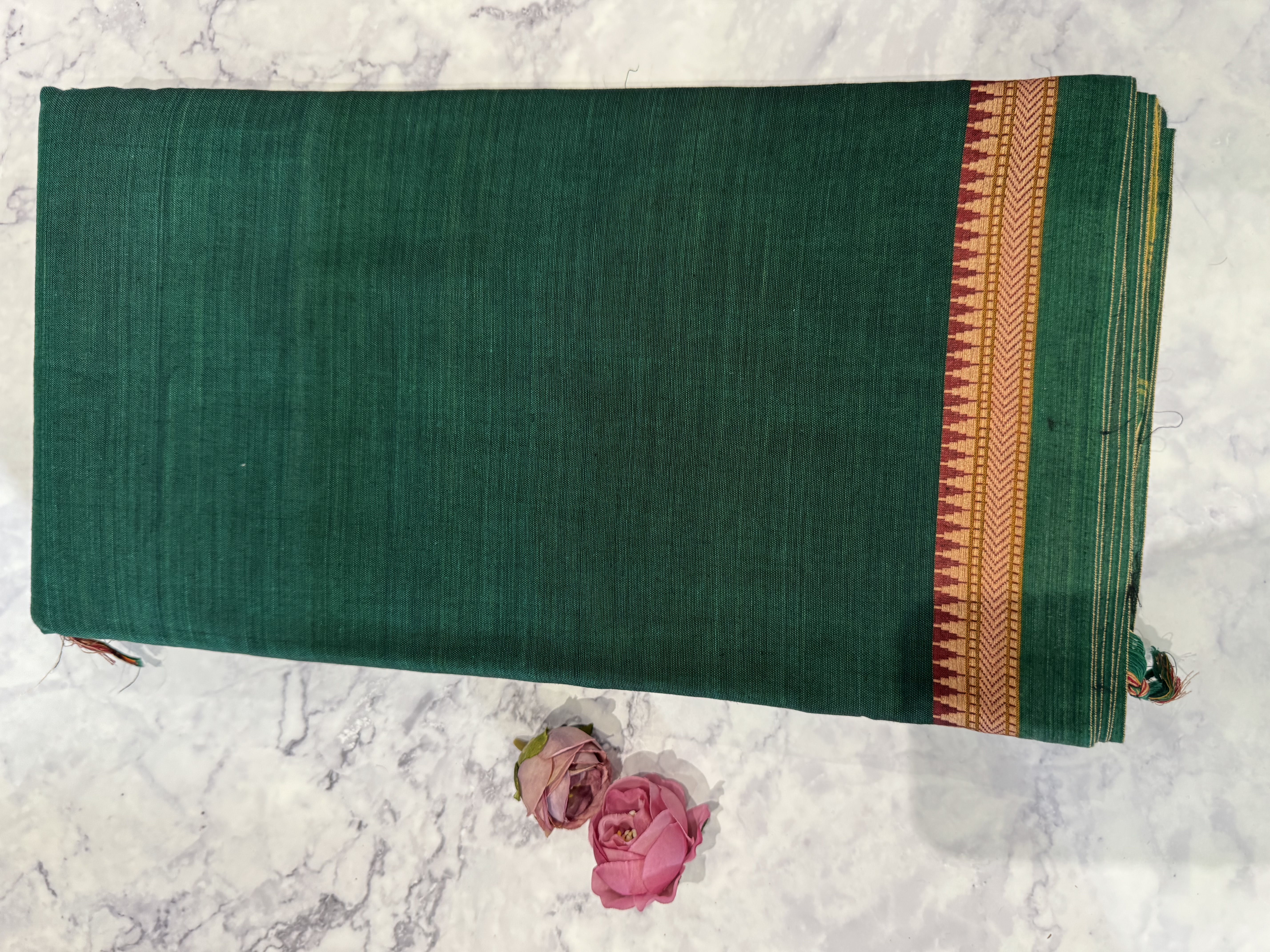 Emerald green cotton saree with mehendi gree pallu