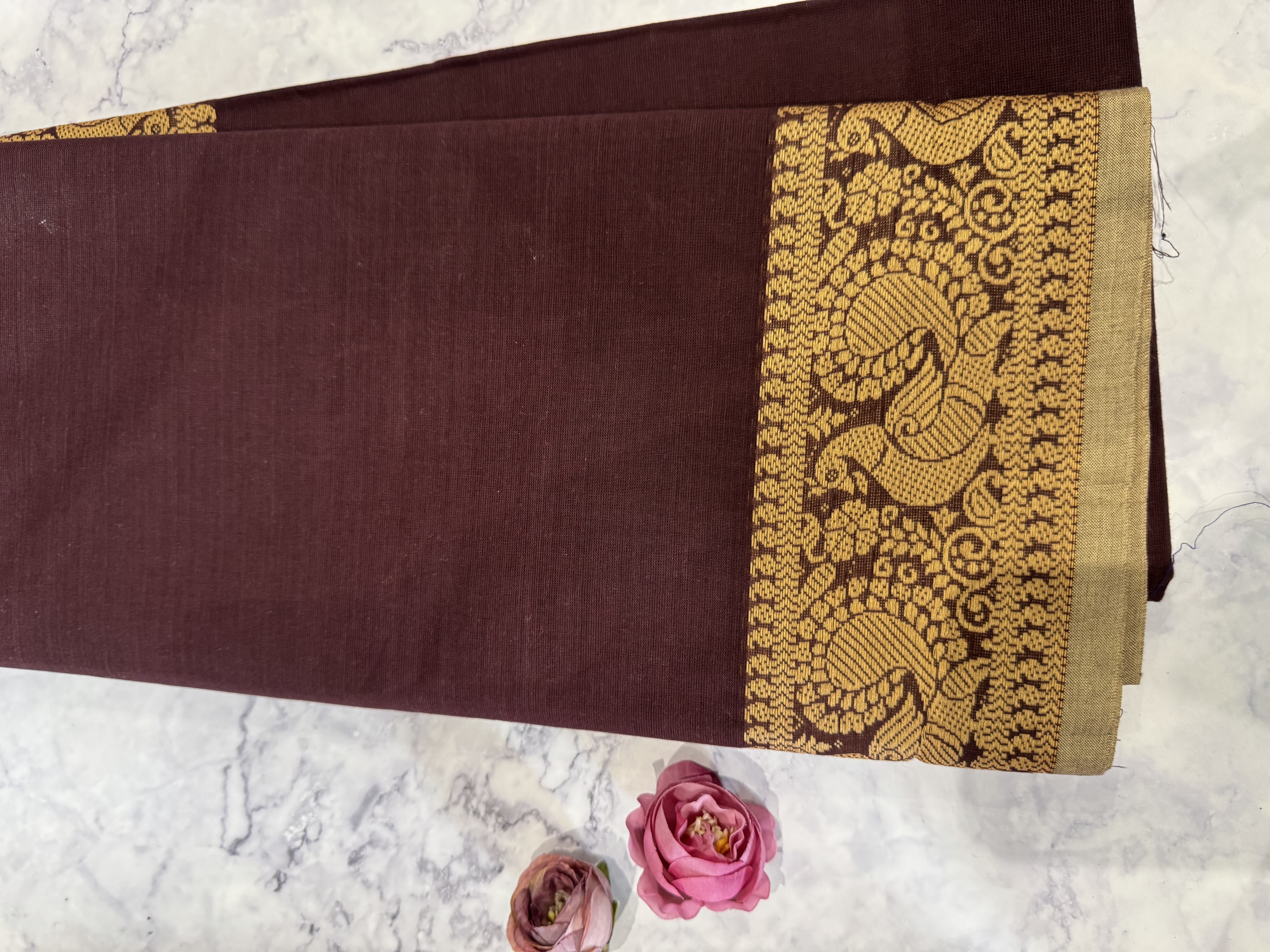 Dark brown cotton saree with pale border