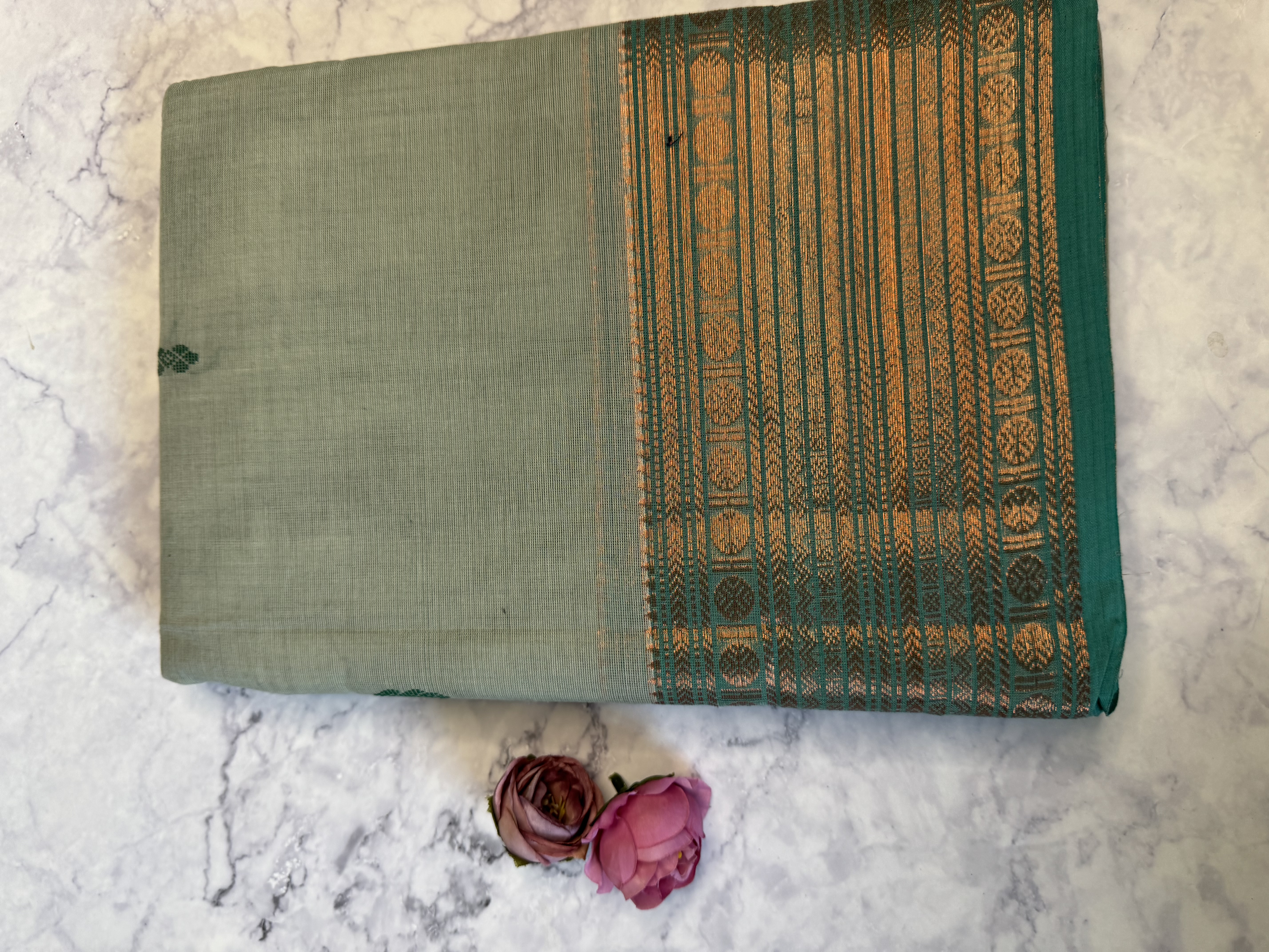 Mint blue cotton saree with teal border