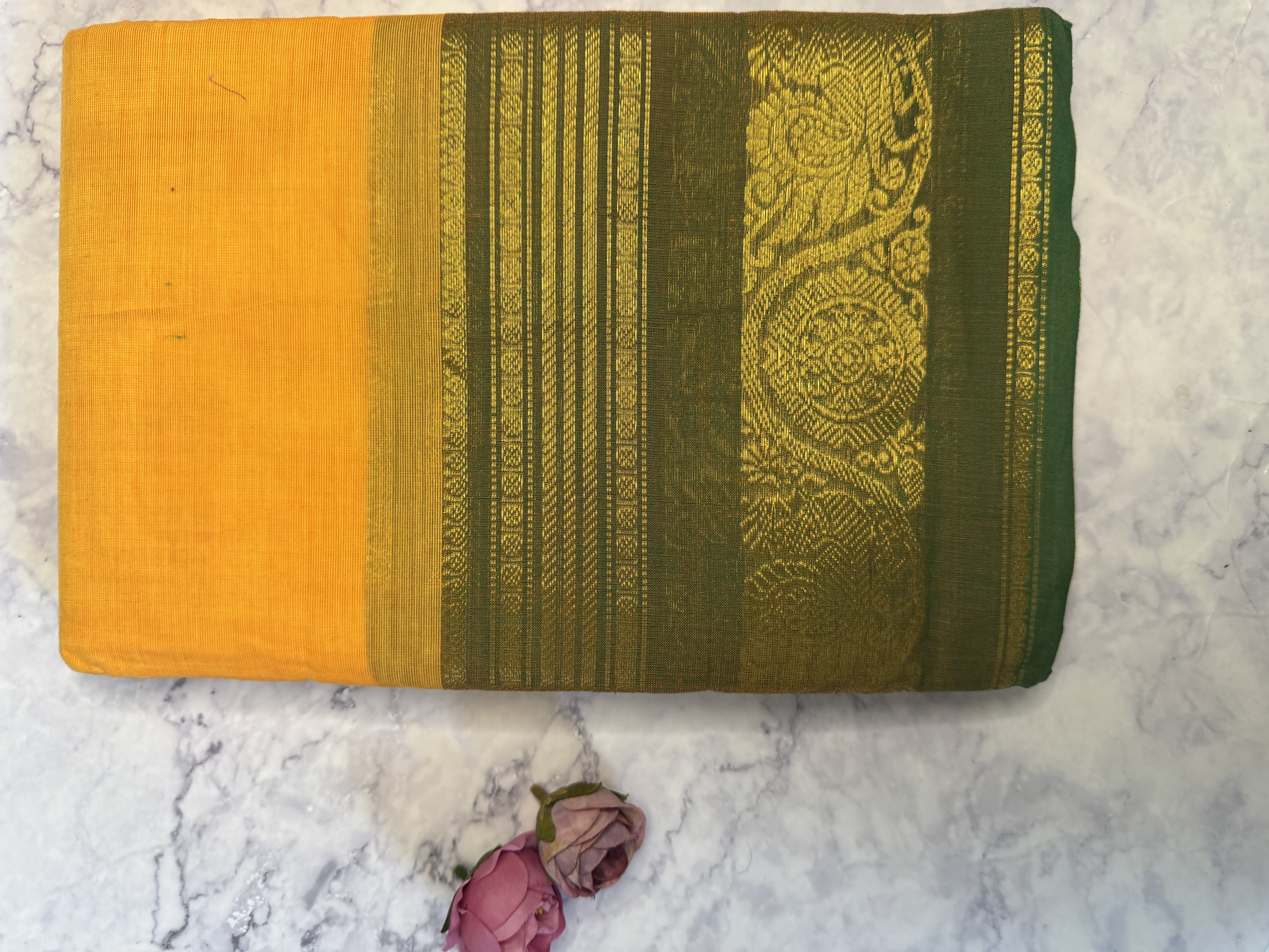 Yellow cotton saree with green border