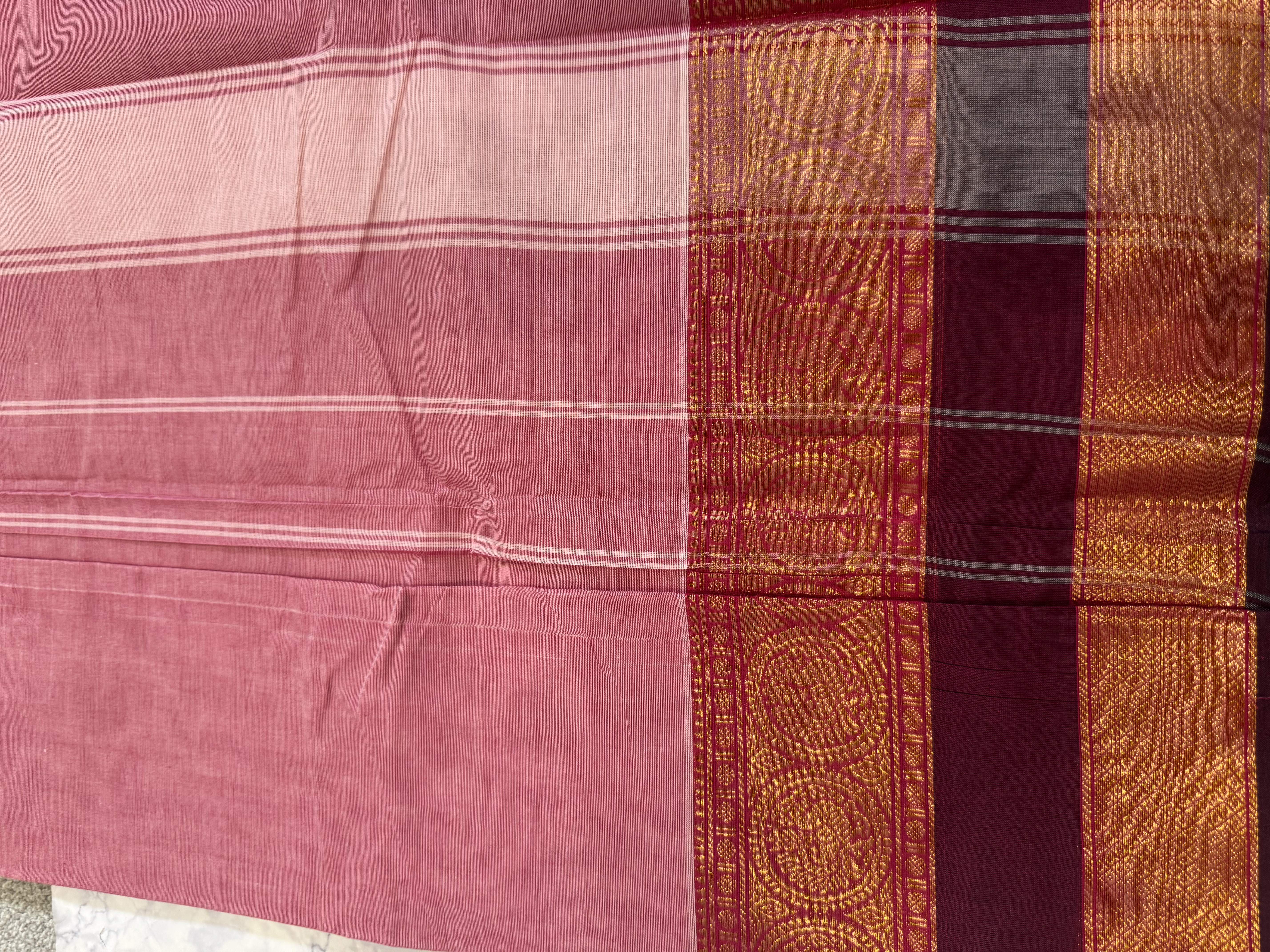 Pastel pink cotton saree with plum border
