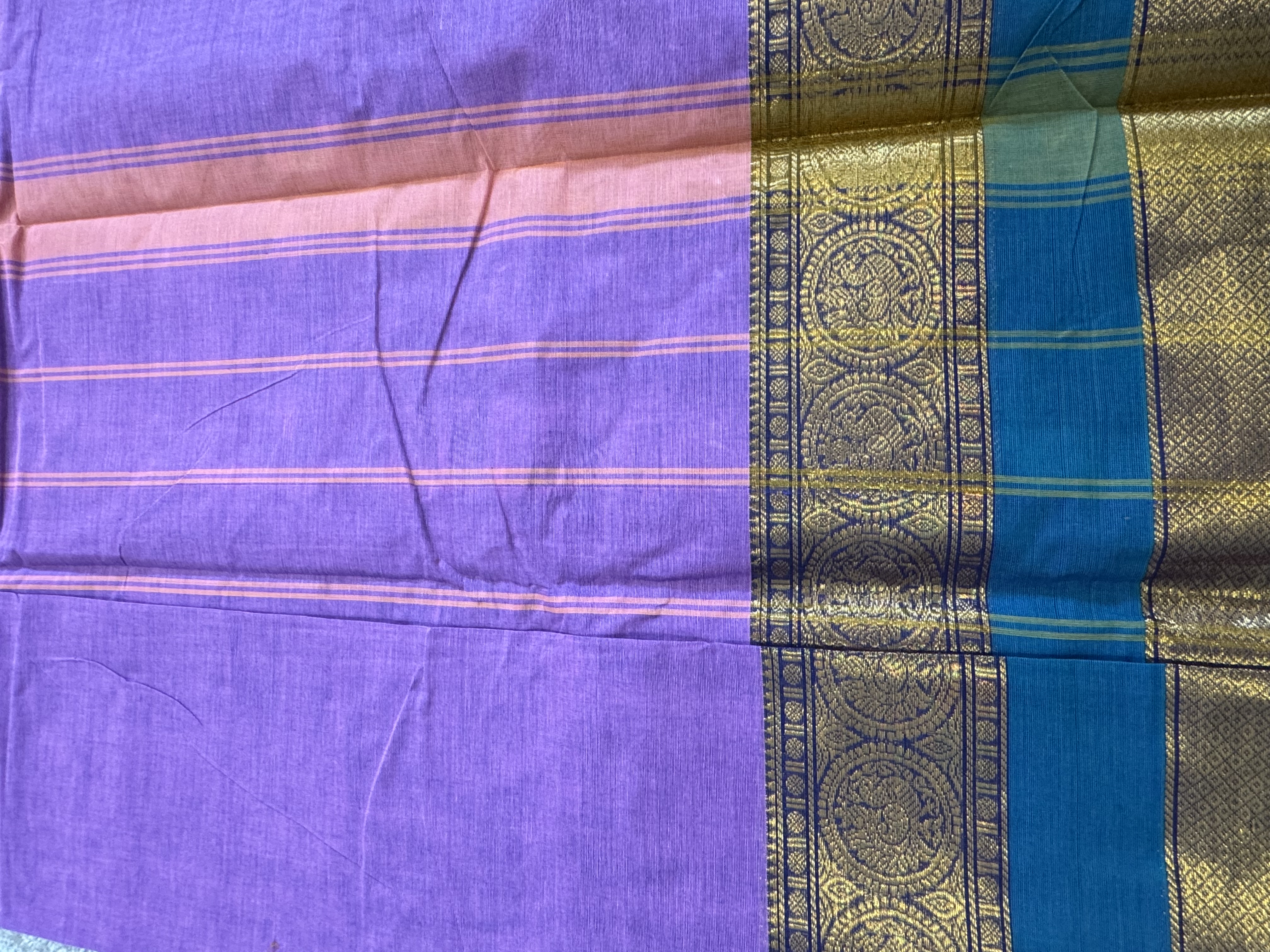 Lavender cotton saree with teal border