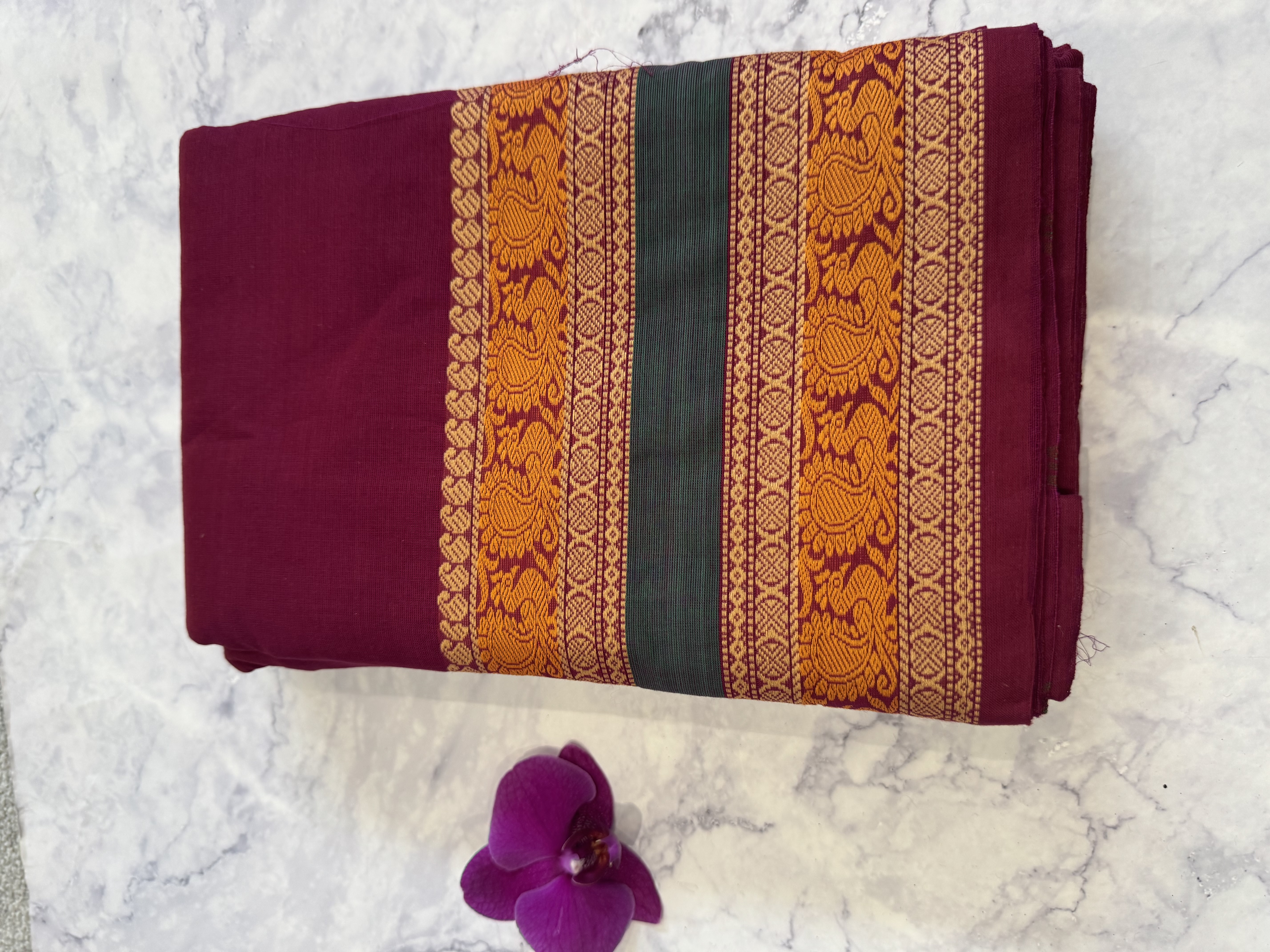 Burgundy cotton saree with green border