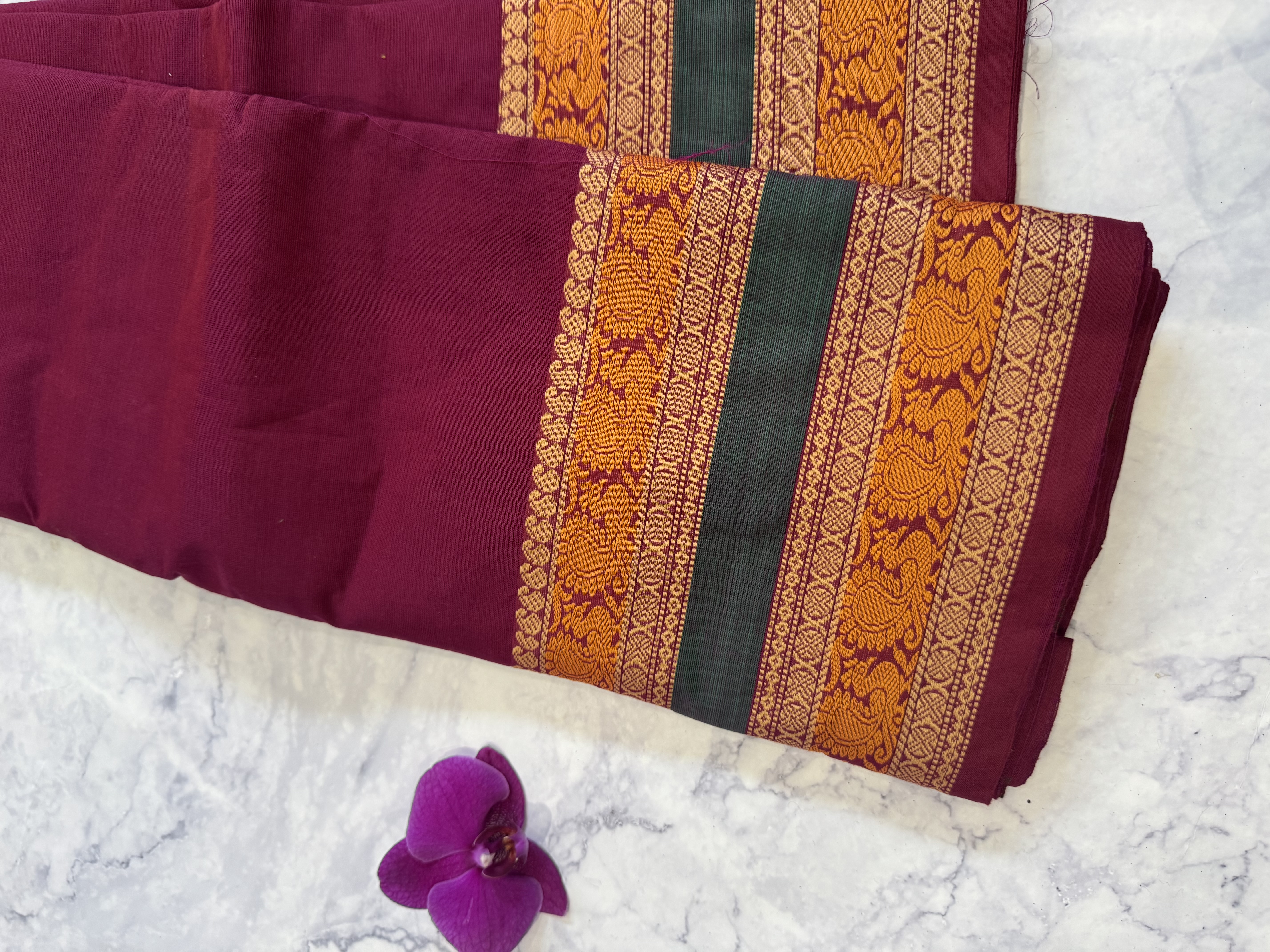 Burgundy cotton saree with green border