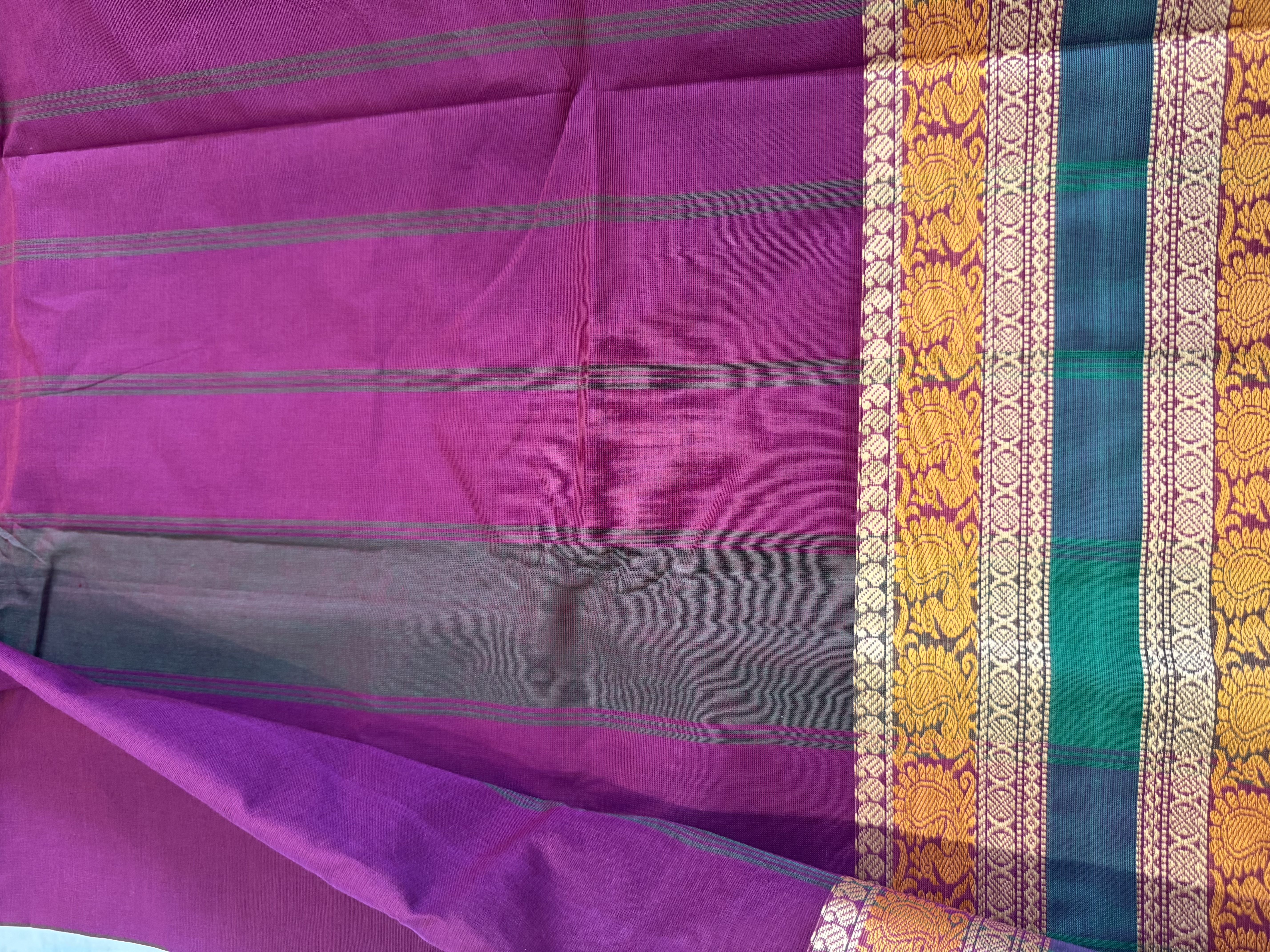 Burgundy cotton saree with green border