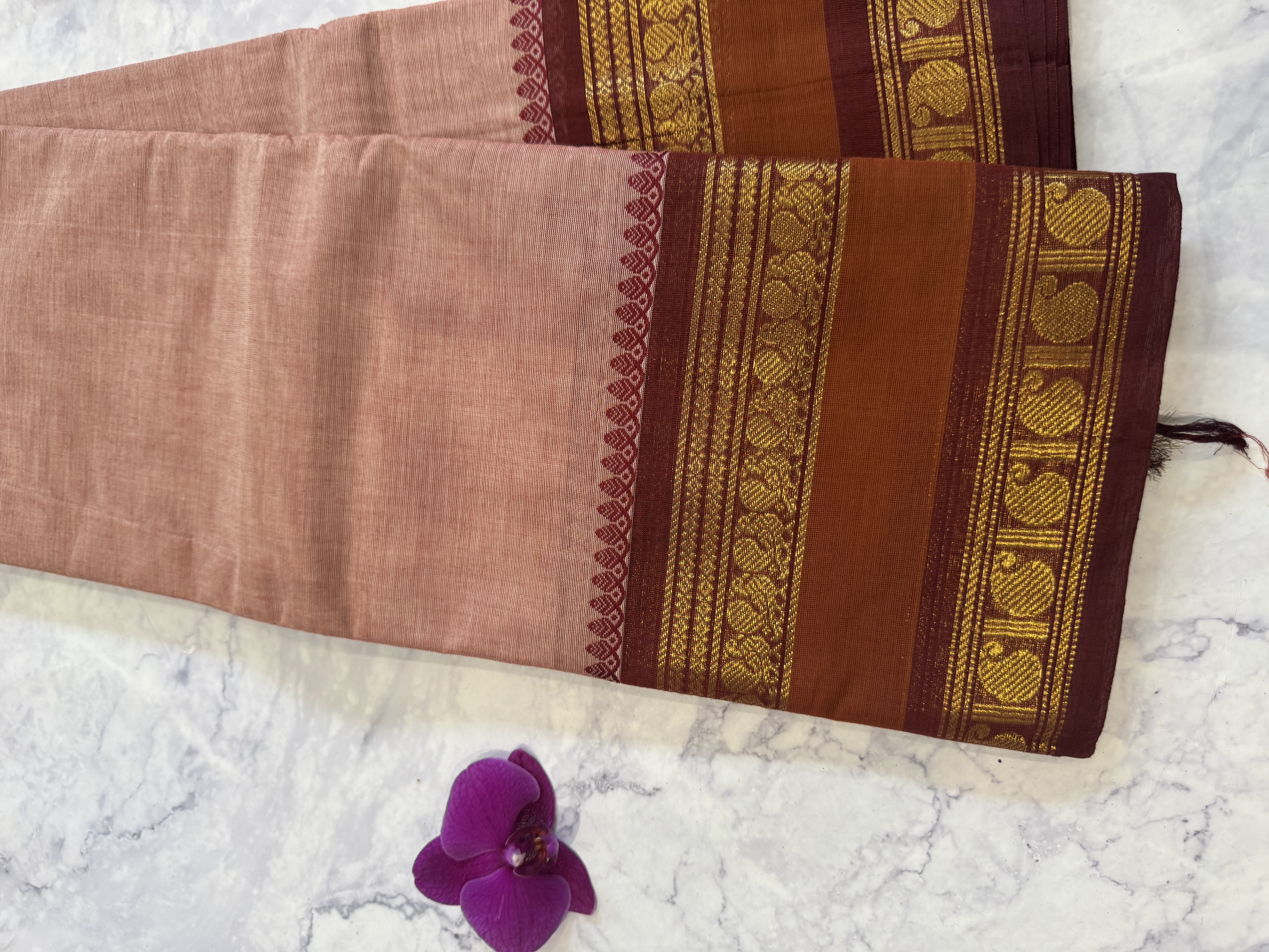 Biscuit cotton saree with brown border