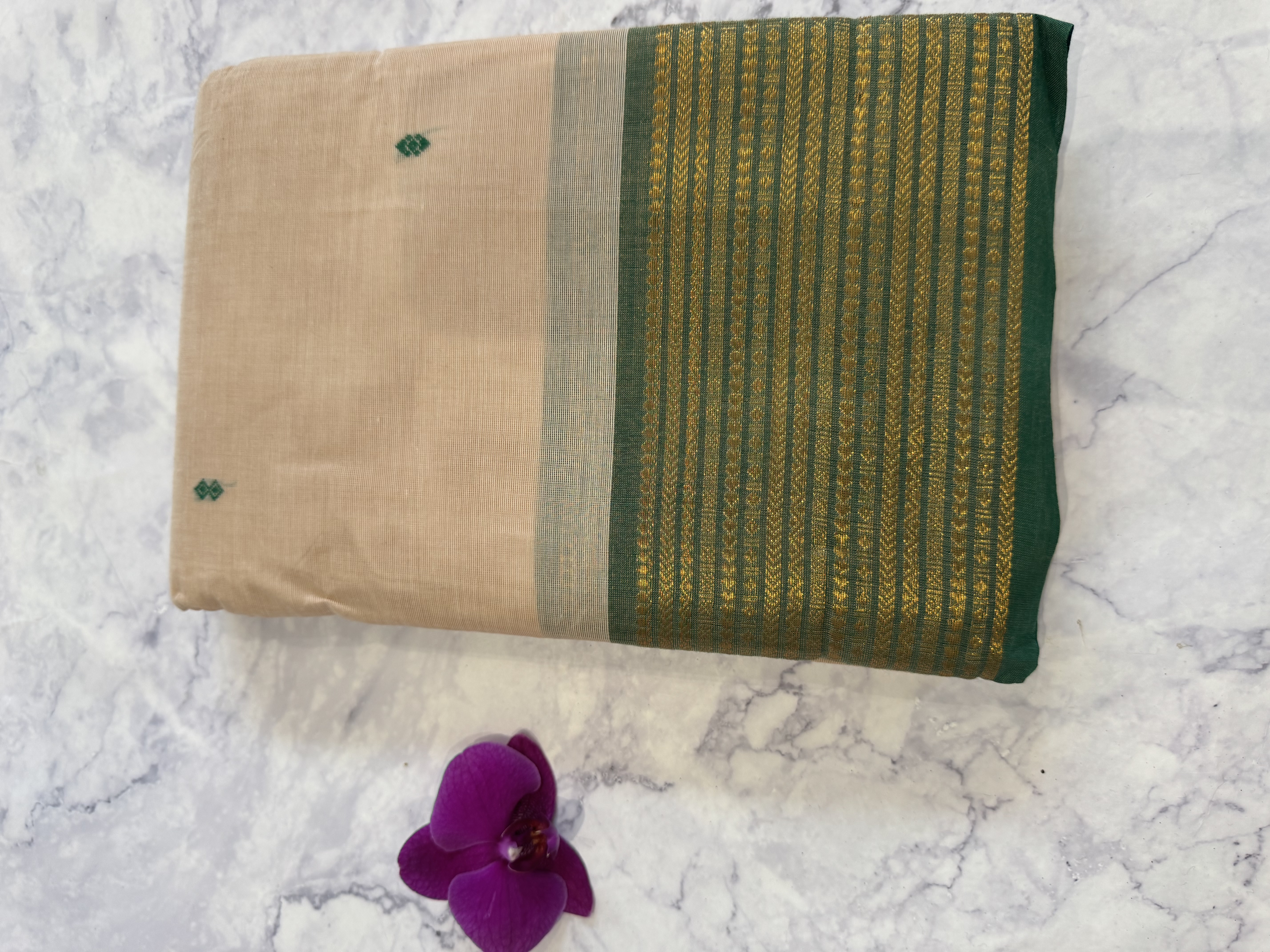 Biscuit saree with green border
