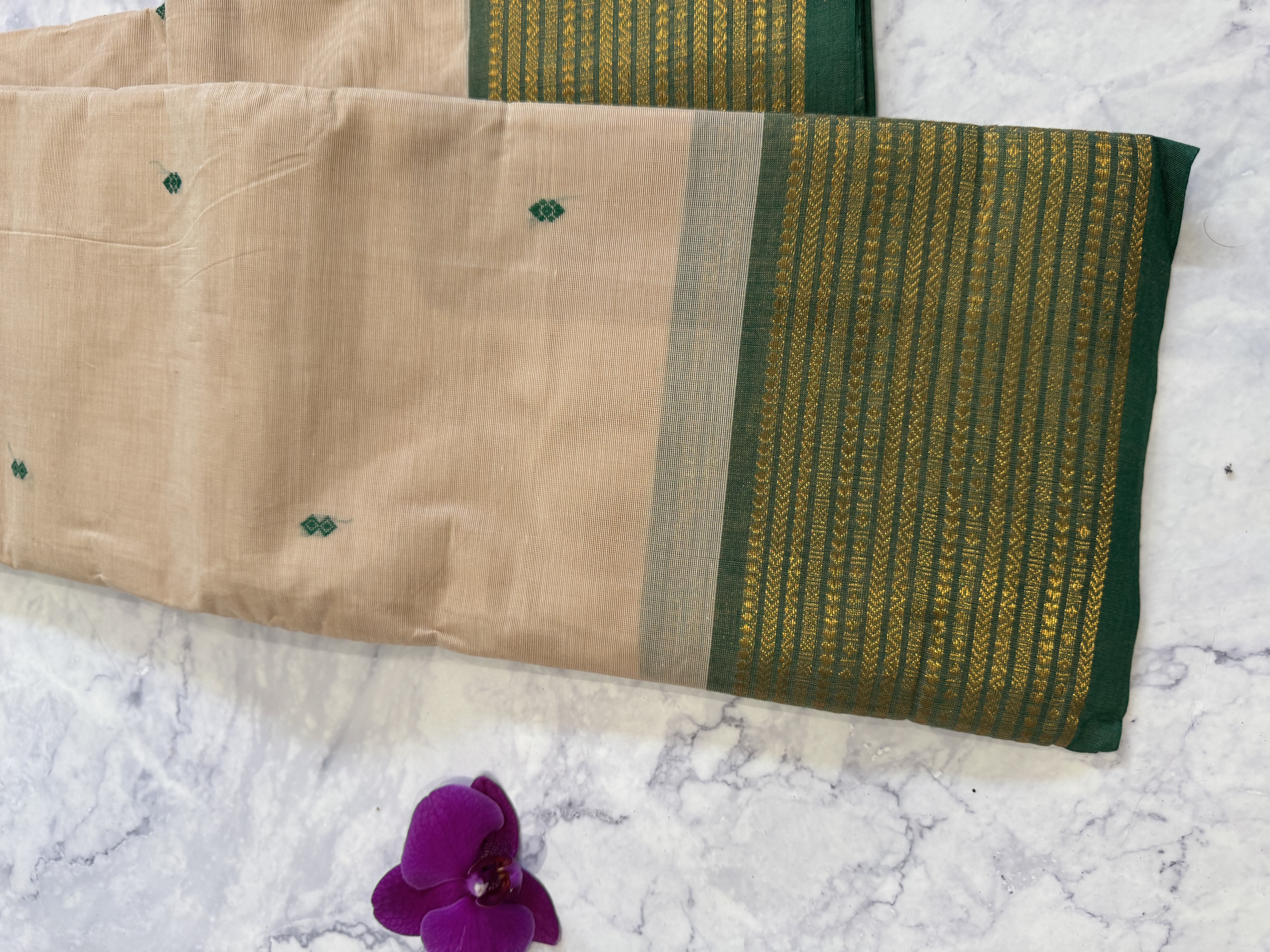Biscuit saree with green border