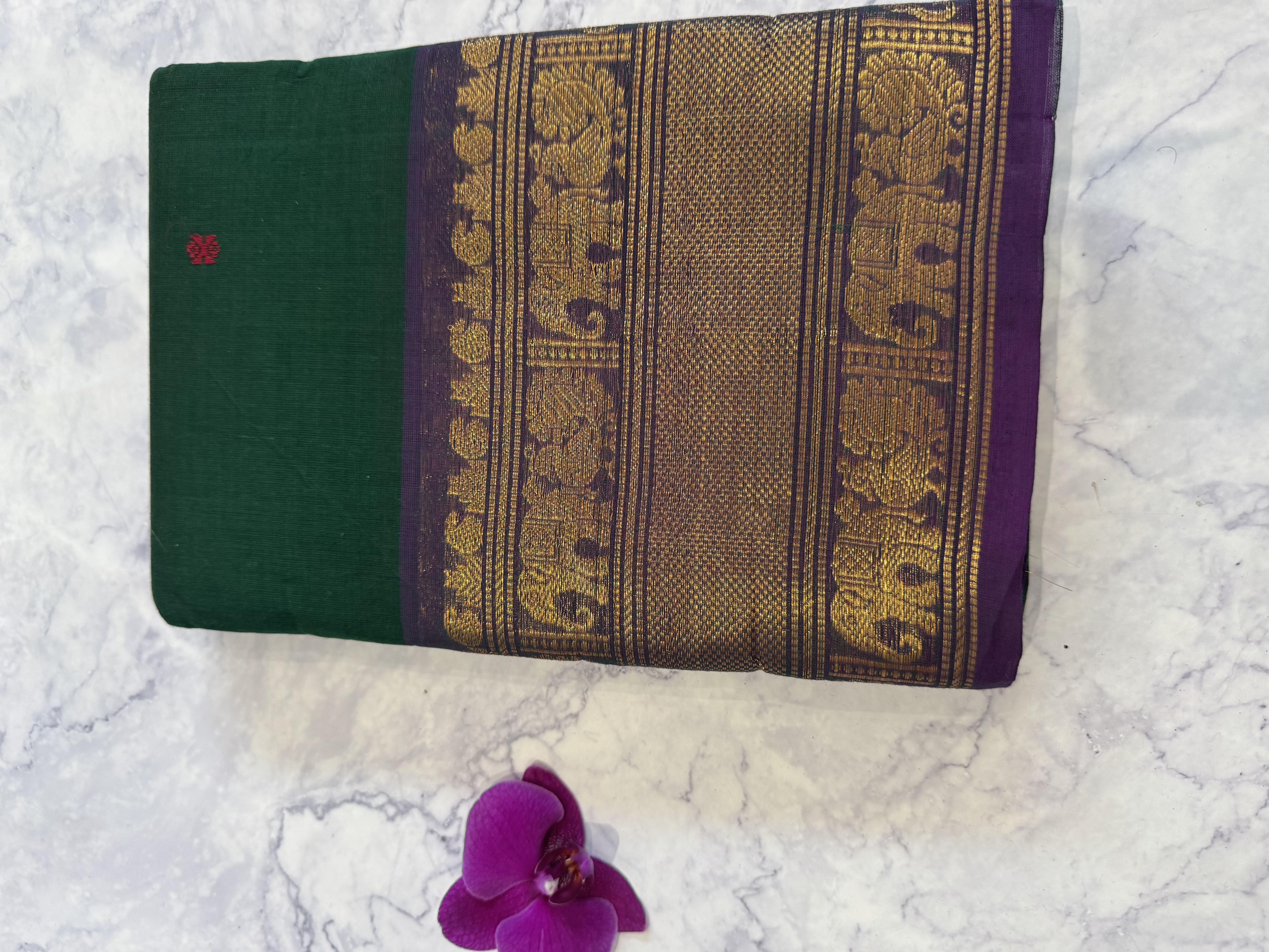 Emerald green cotton saree with purple border