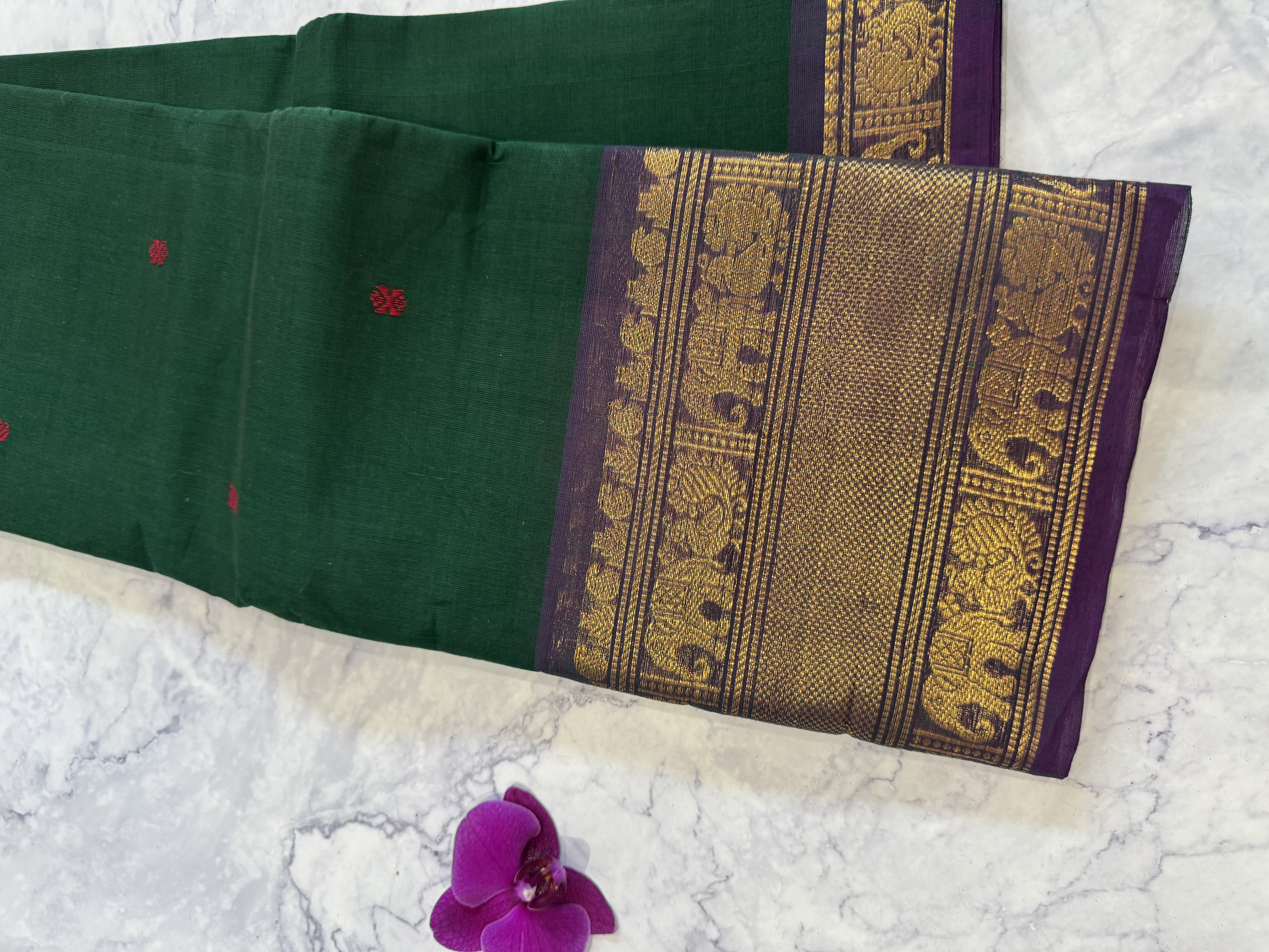 Emerald green cotton saree with purple border