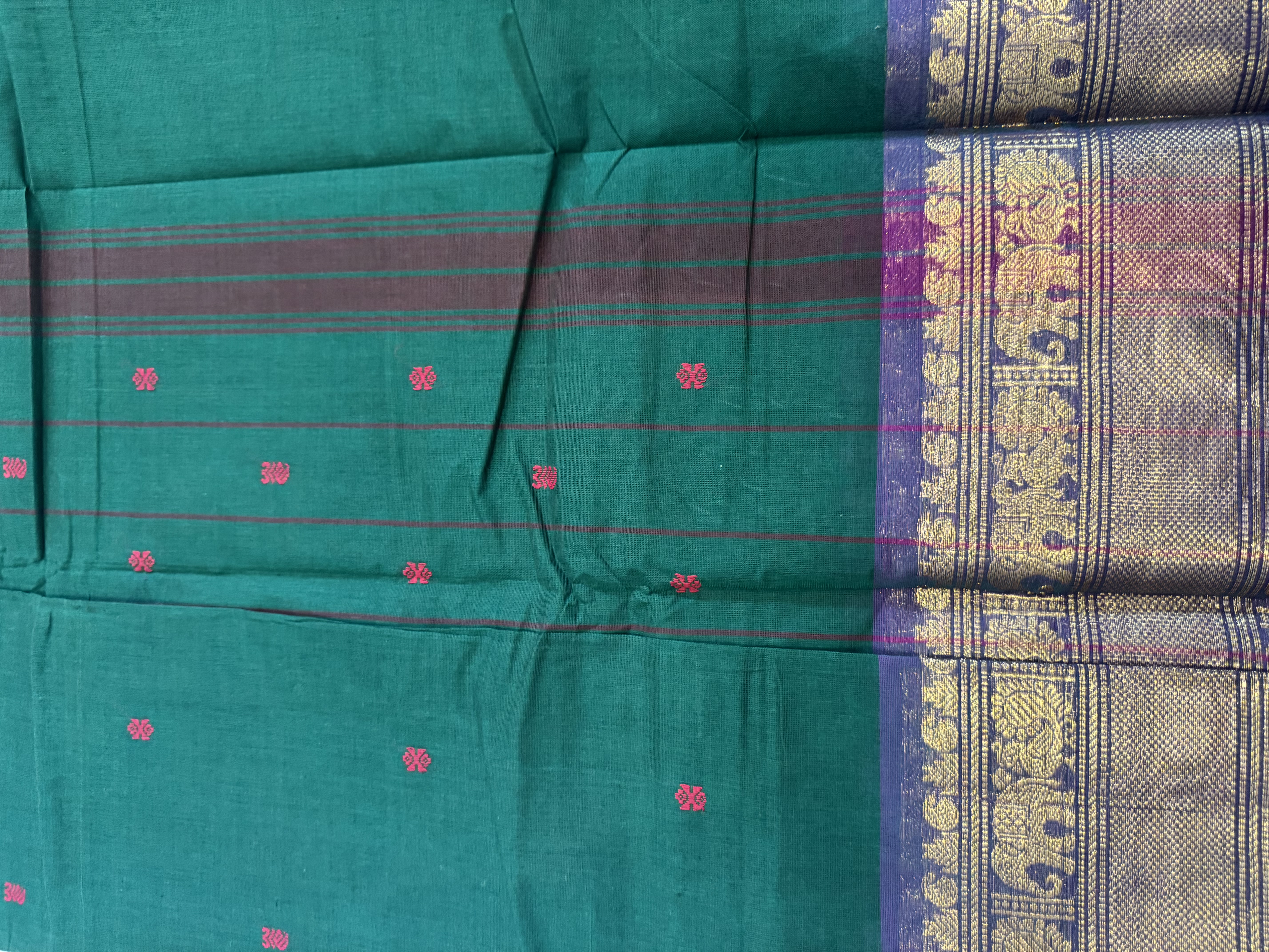 Emerald green cotton saree with purple border