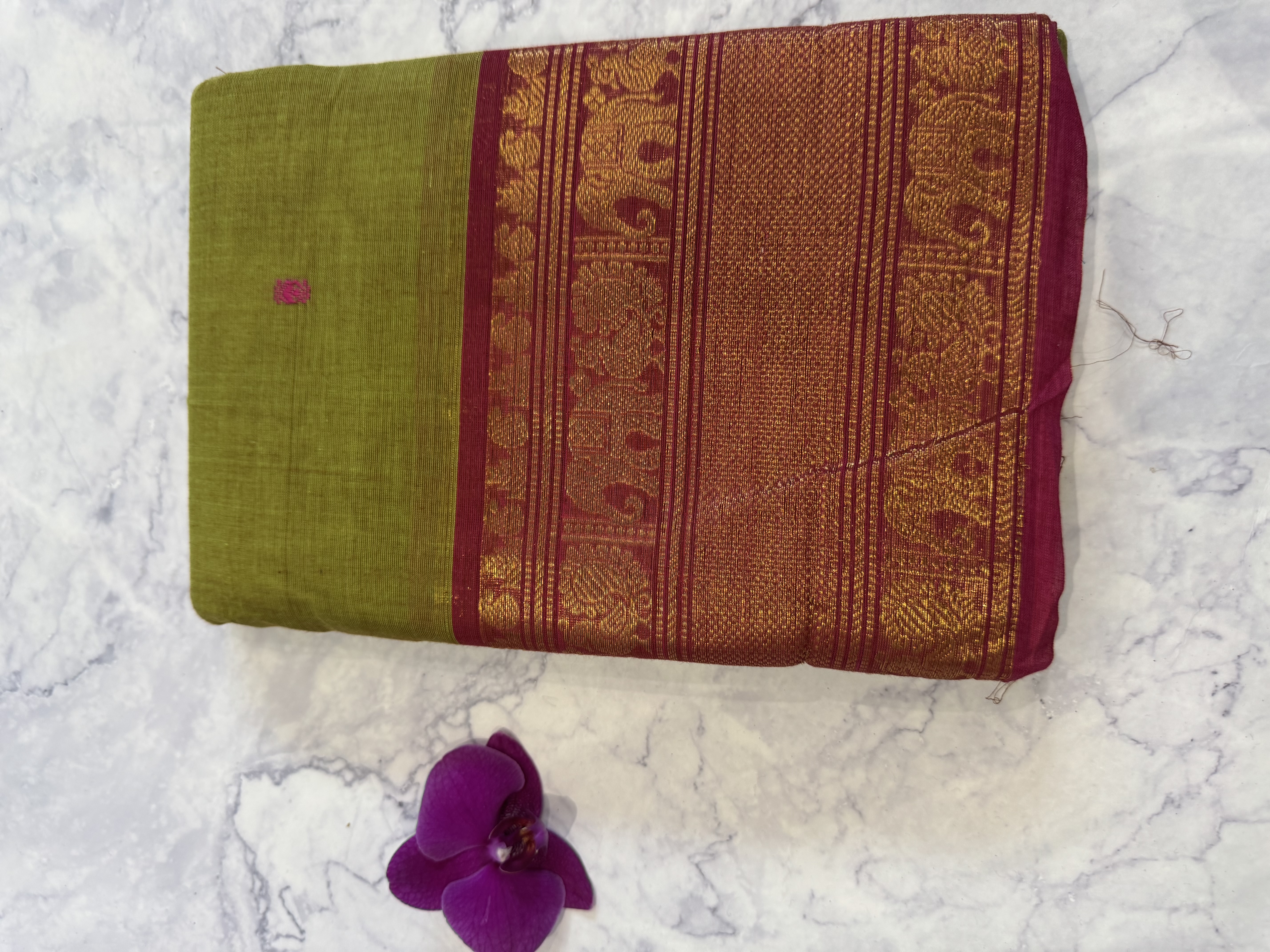 Mehendi green cotton saree with pink border