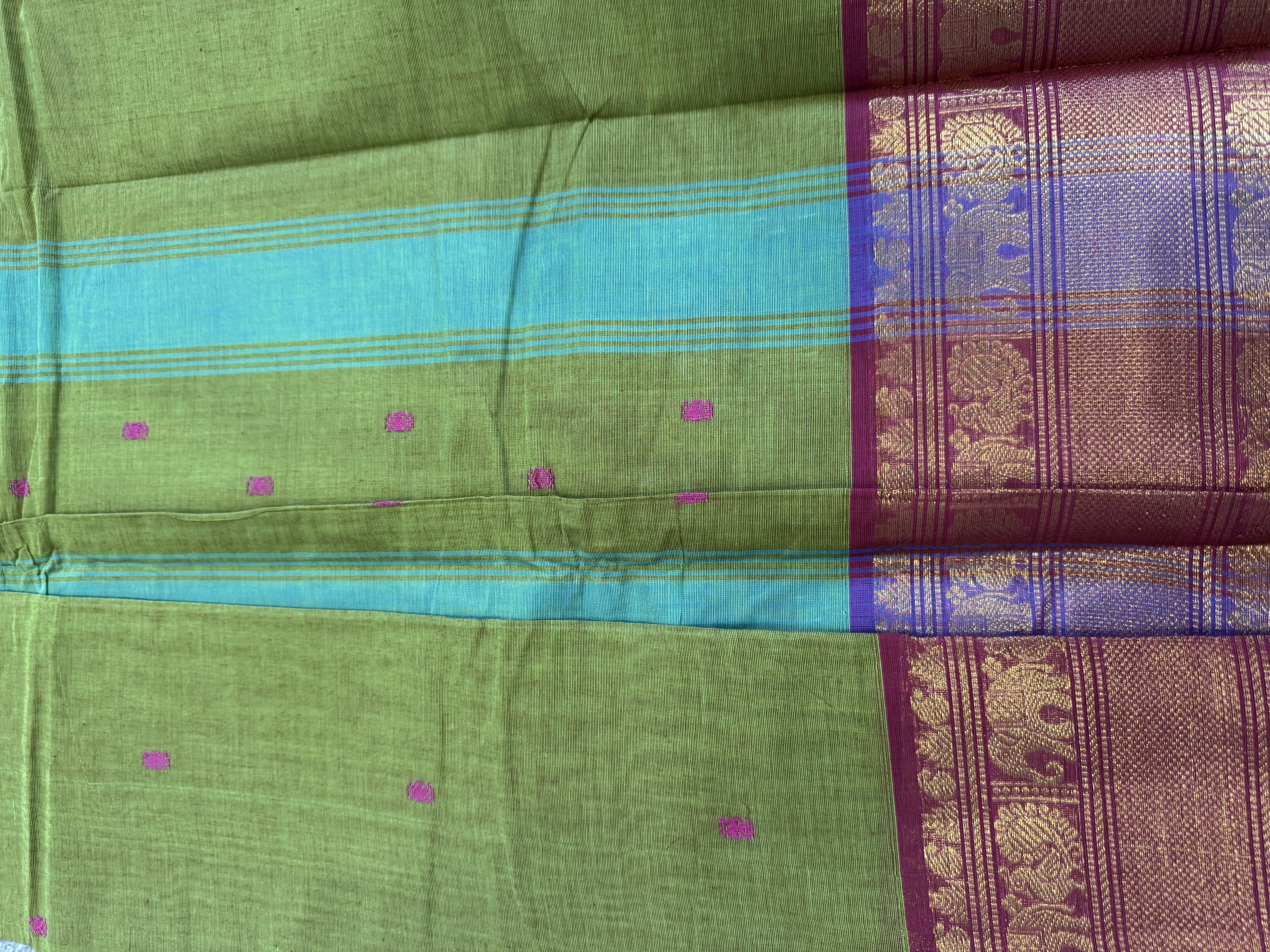 Mehendi green cotton saree with pink border